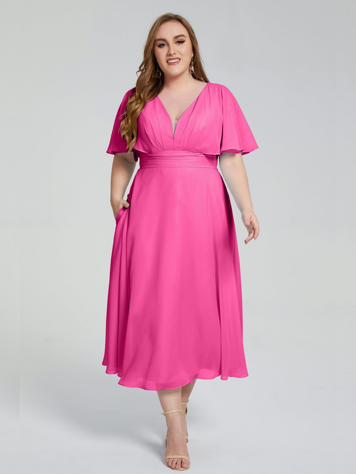 Lucia V-neck Plus Size Bridesmaid Dresses with Sleeves