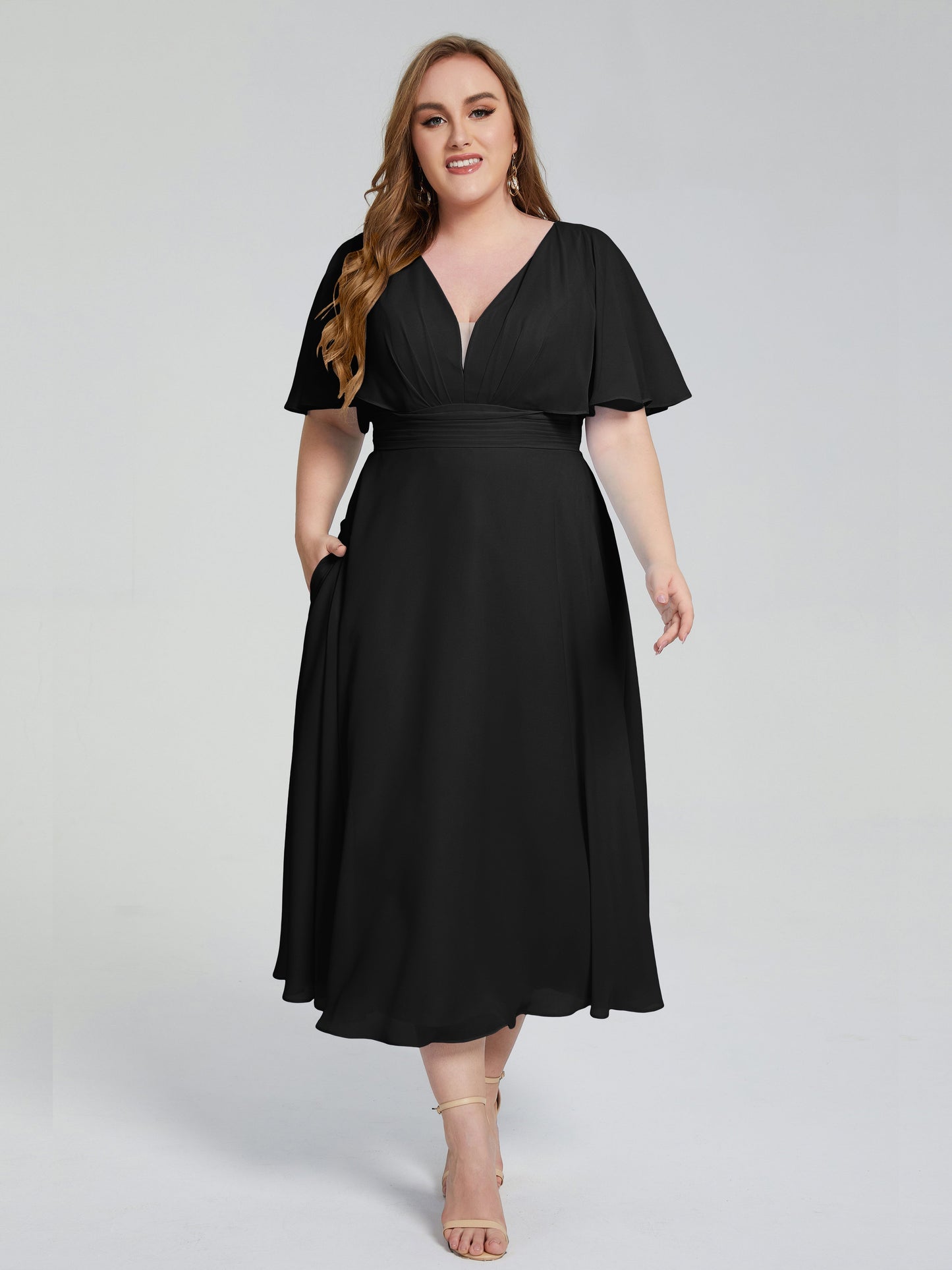 Lucia V-neck Plus Size Bridesmaid Dresses with Sleeves