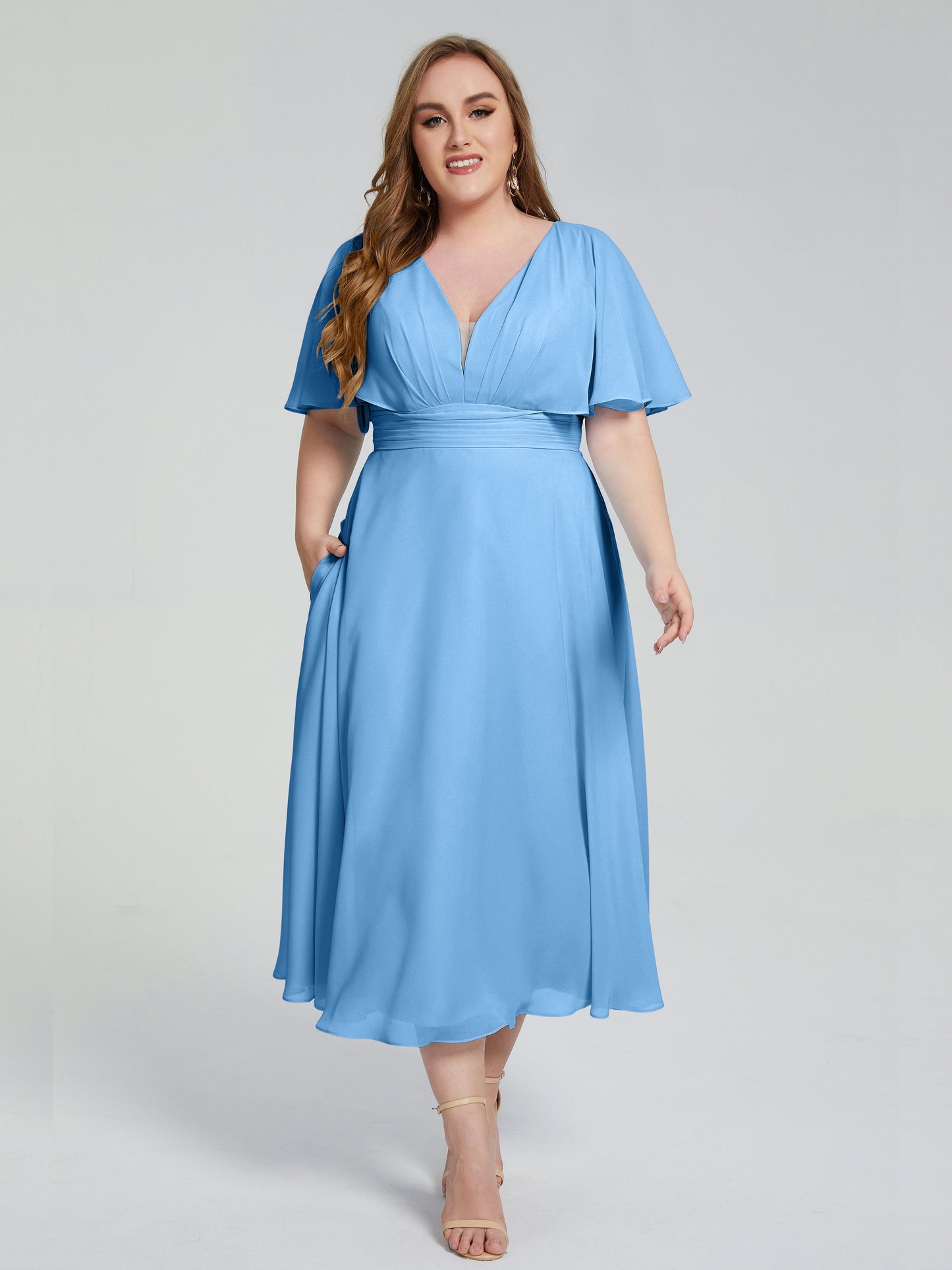 Lucia V-neck Plus Size Bridesmaid Dresses with Sleeves