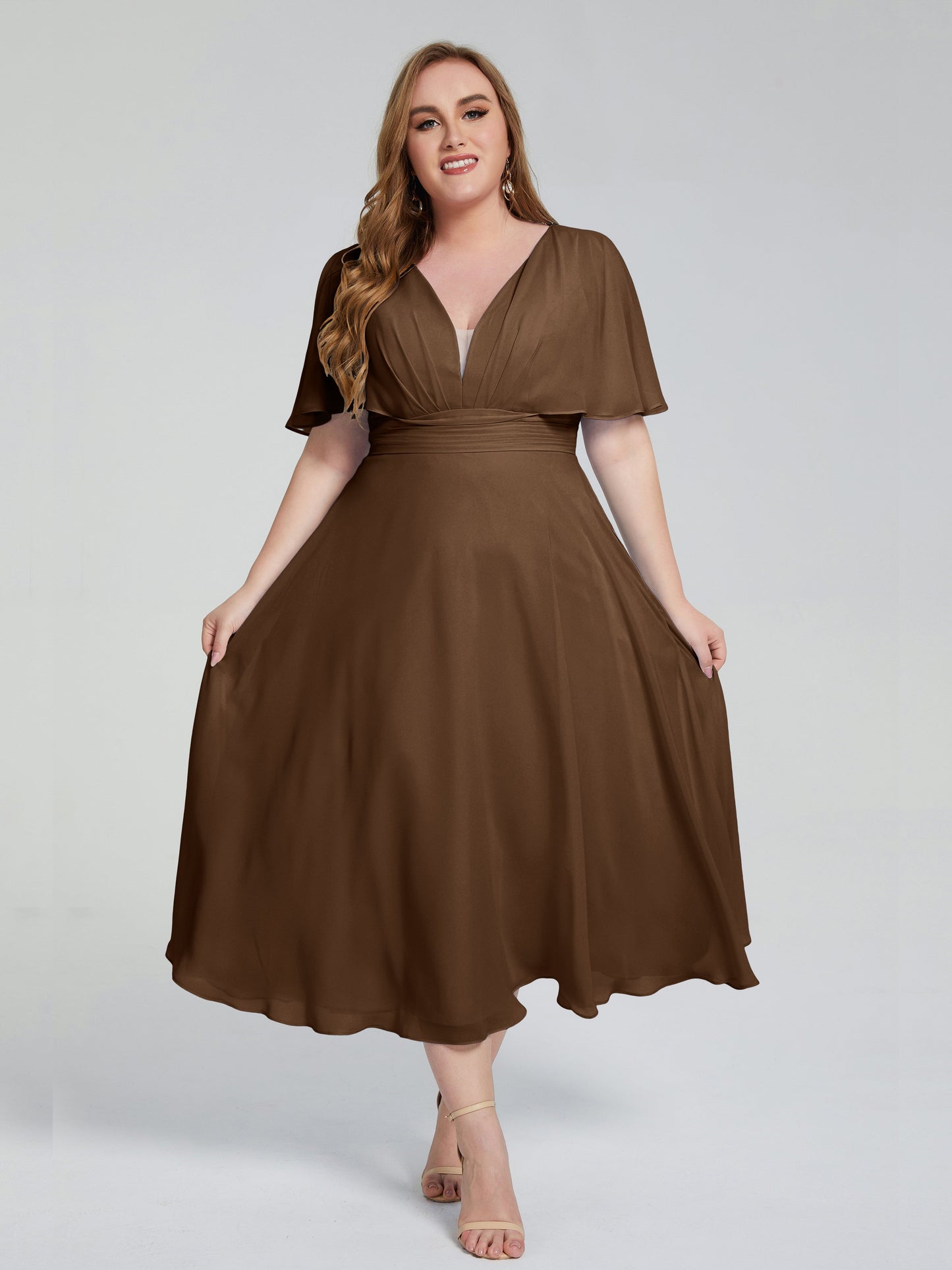 Lucia V-neck Plus Size Bridesmaid Dresses with Sleeves