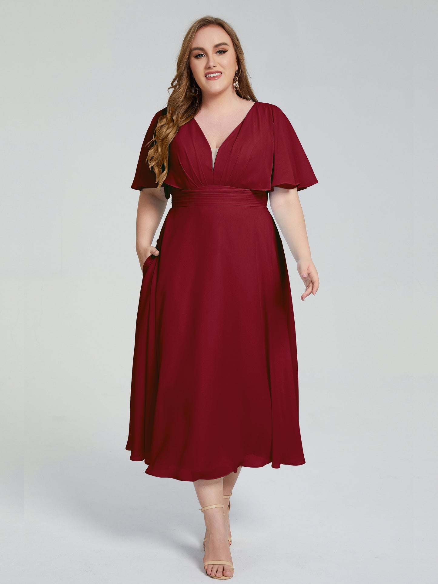 Lucia V-neck Plus Size Bridesmaid Dresses with Sleeves