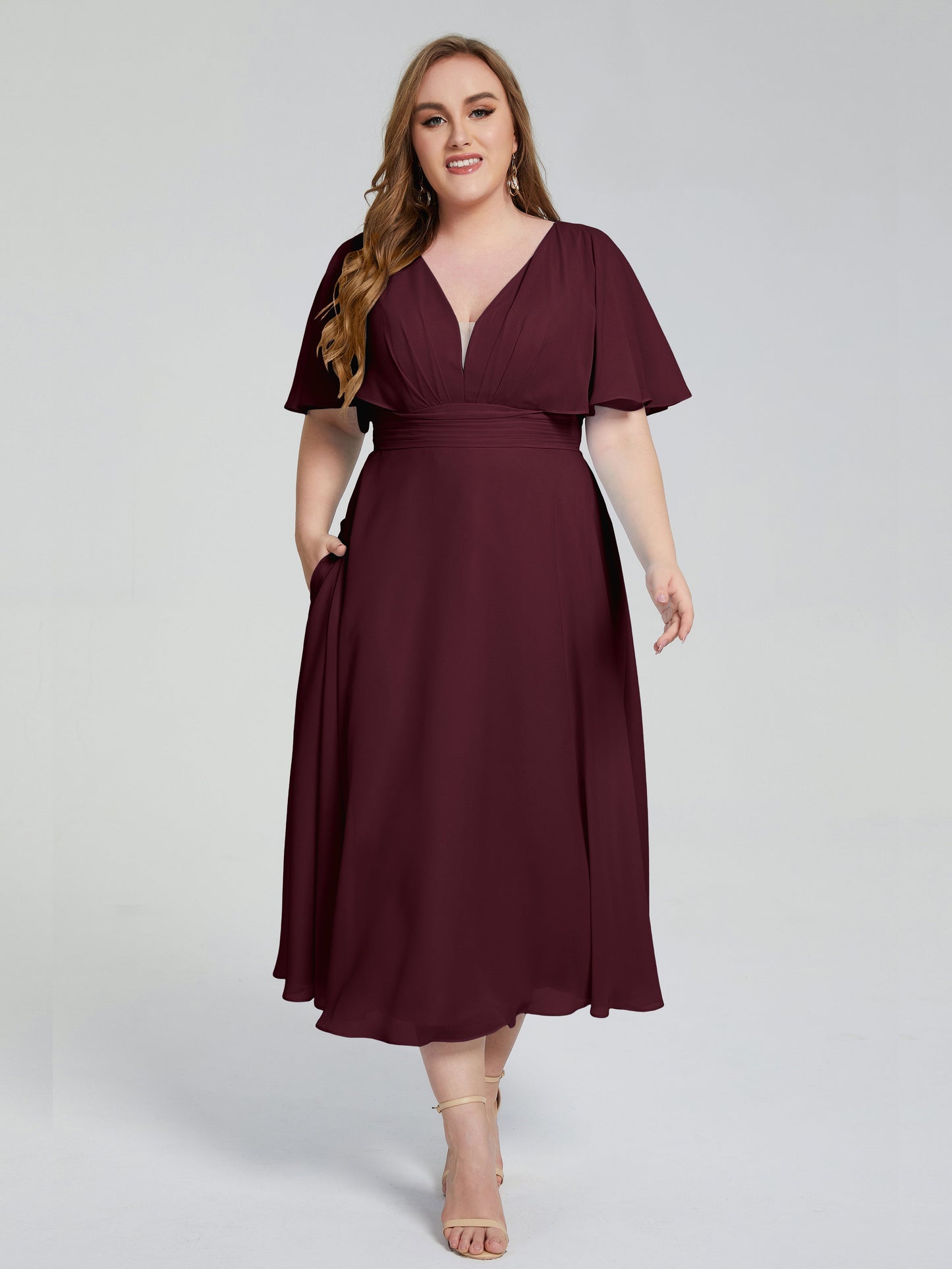 Lucia V-neck Plus Size Bridesmaid Dresses with Sleeves