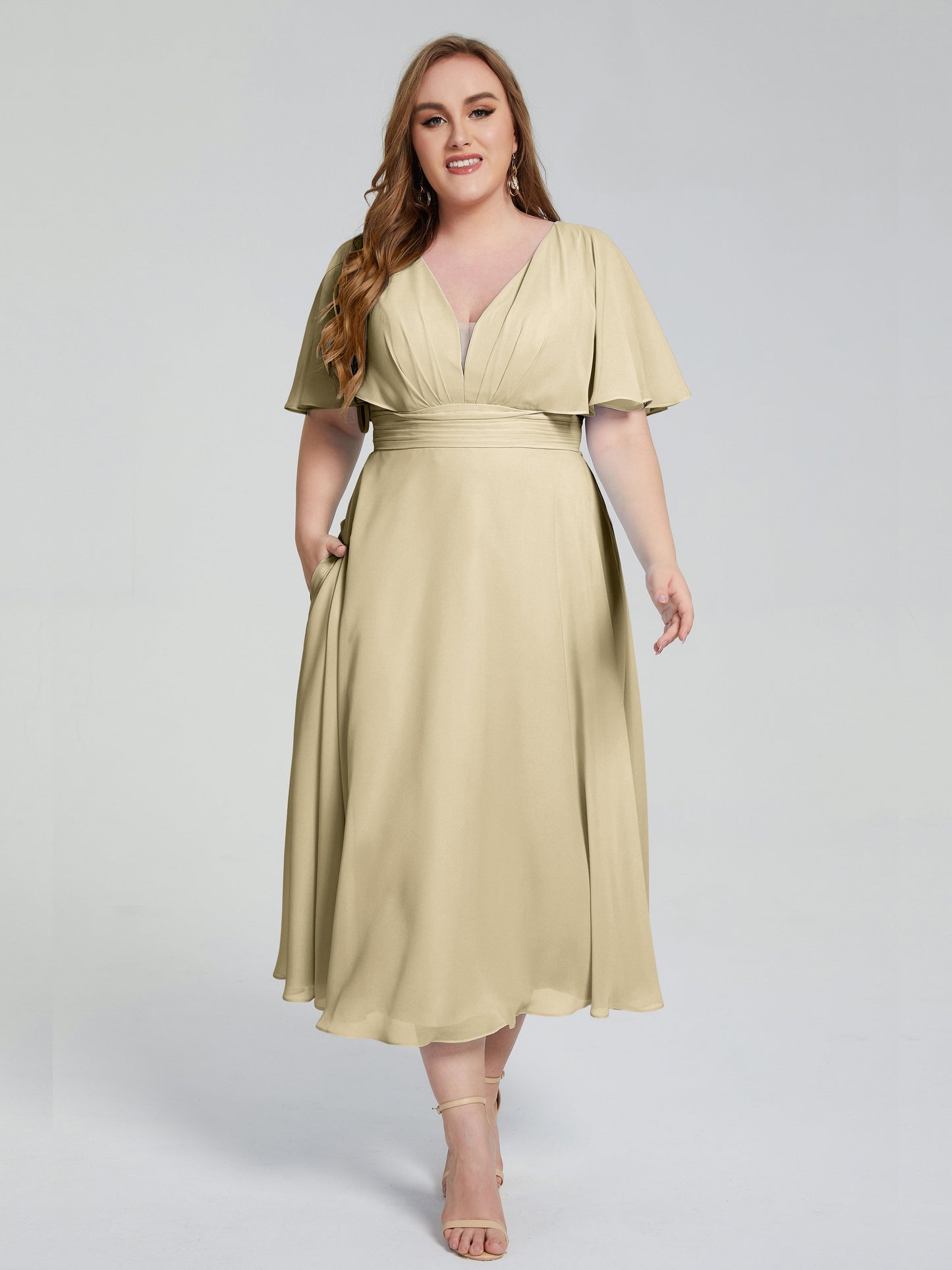 Lucia V-neck Plus Size Bridesmaid Dresses with Sleeves