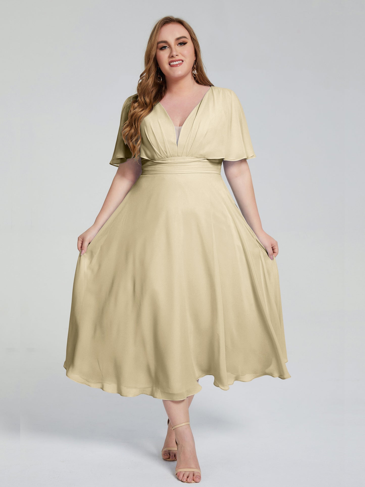 Lucia V-neck Plus Size Bridesmaid Dresses with Sleeves