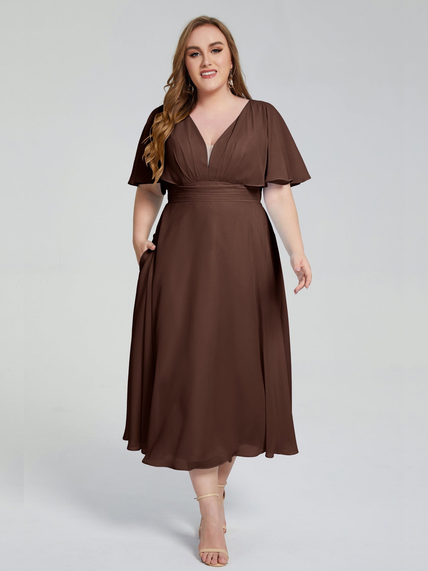 Lucia V-neck Plus Size Bridesmaid Dresses with Sleeves