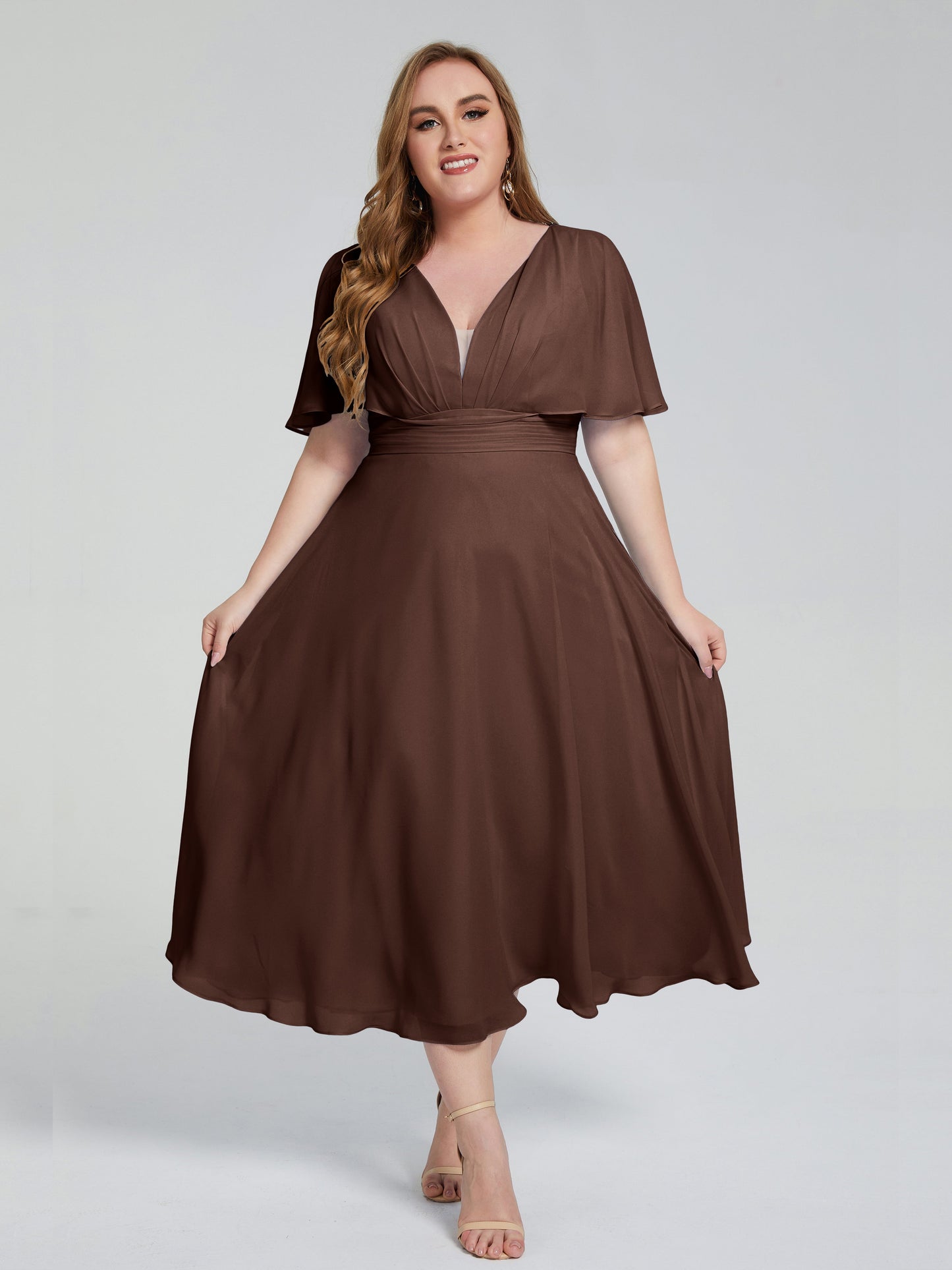 Lucia V-neck Plus Size Bridesmaid Dresses with Sleeves