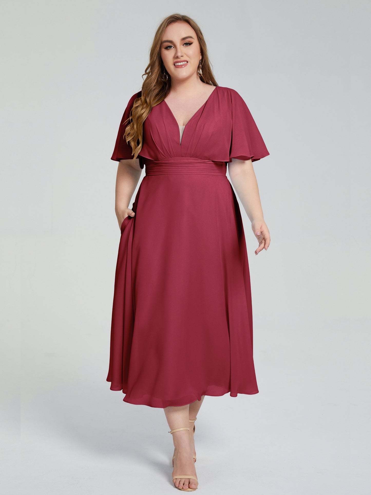Lucia V-neck Plus Size Bridesmaid Dresses with Sleeves