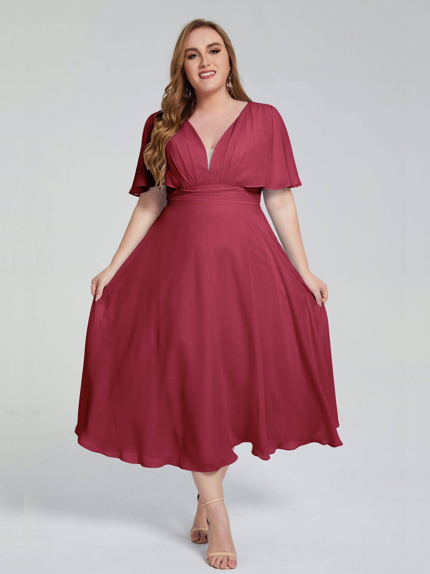 Lucia V-neck Plus Size Bridesmaid Dresses with Sleeves