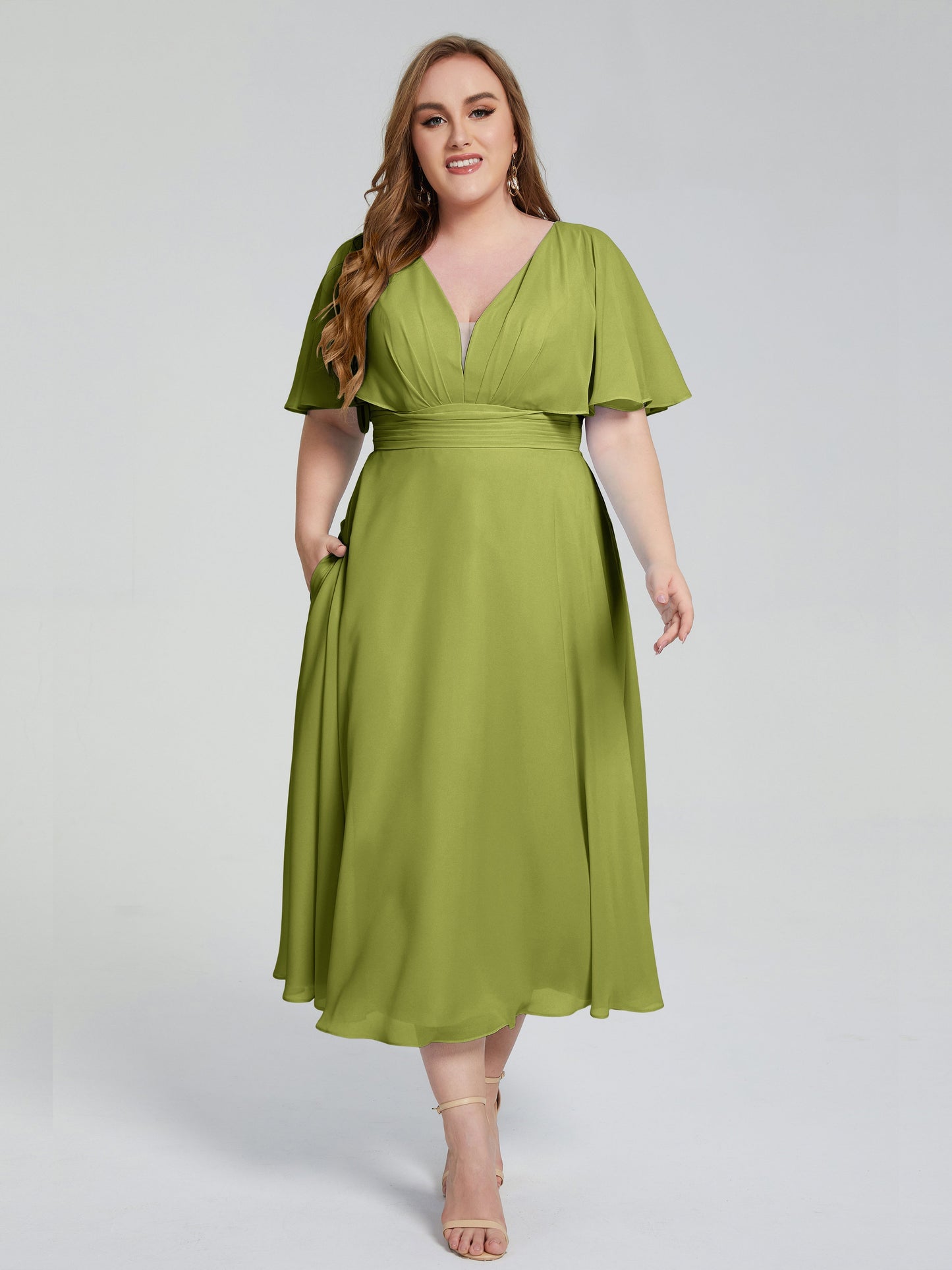 Lucia V-neck Plus Size Bridesmaid Dresses with Sleeves