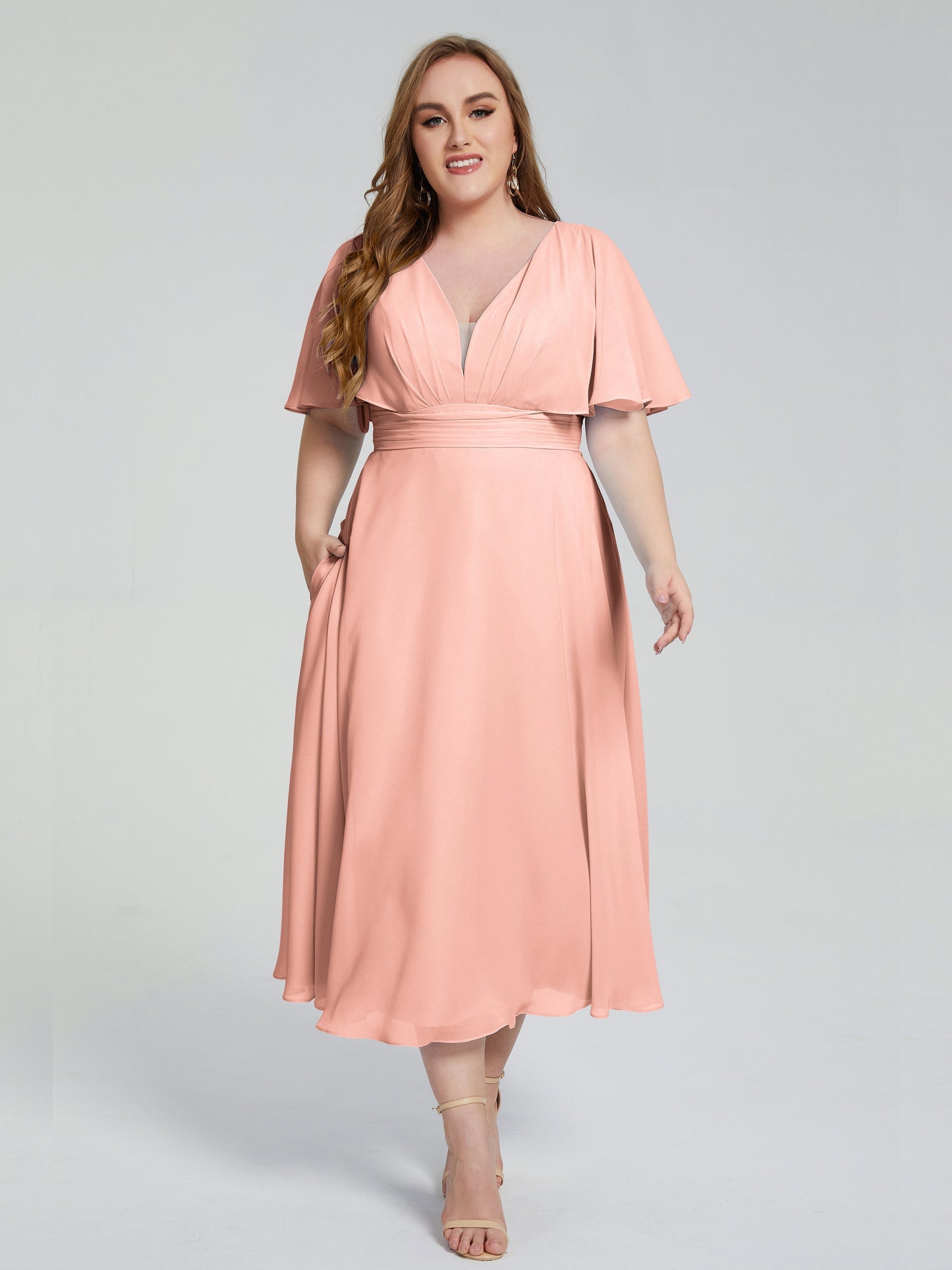 Lucia V-neck Plus Size Bridesmaid Dresses with Sleeves