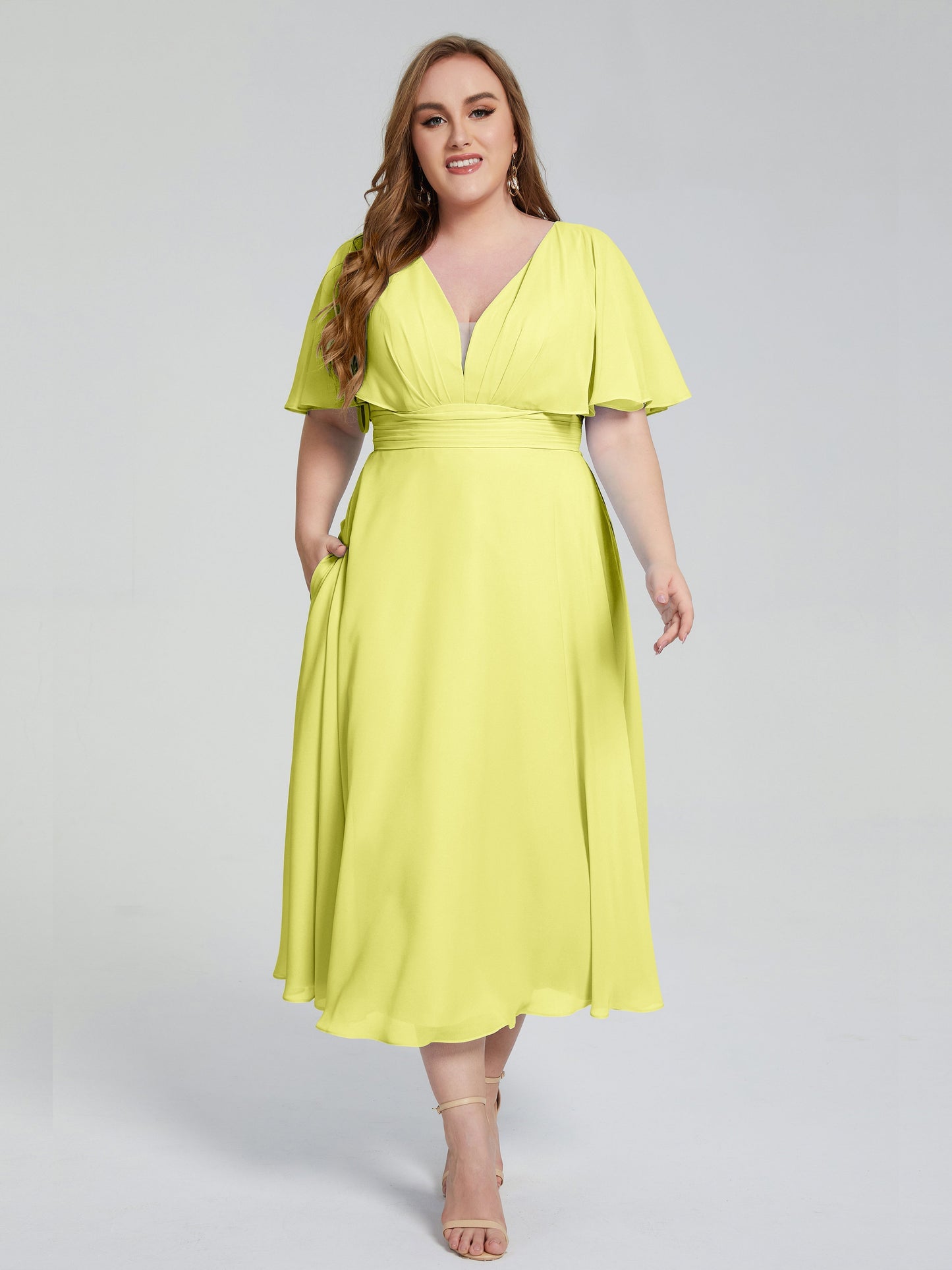 Lucia V-neck Plus Size Bridesmaid Dresses with Sleeves