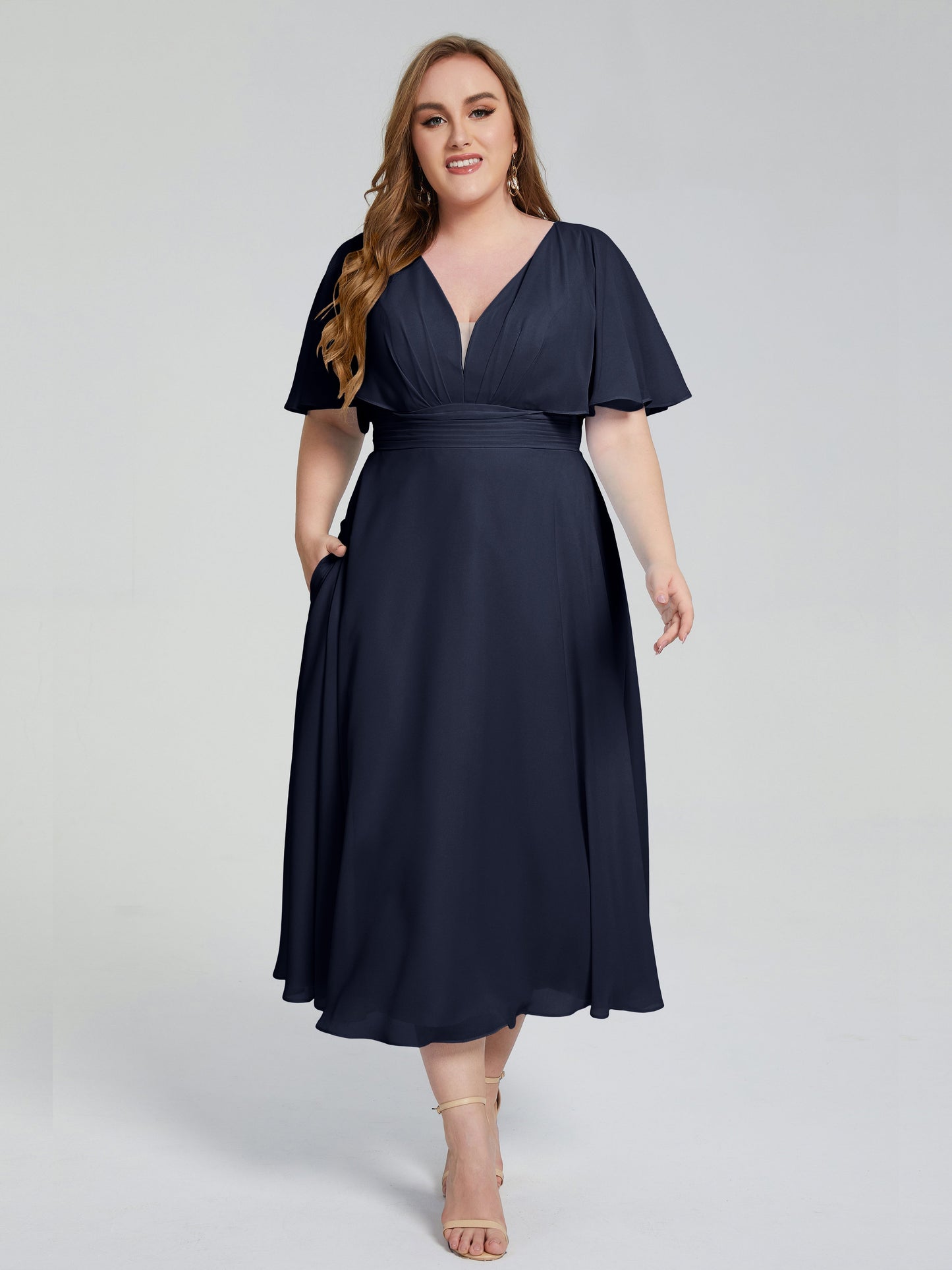 Lucia V-neck Plus Size Bridesmaid Dresses with Sleeves