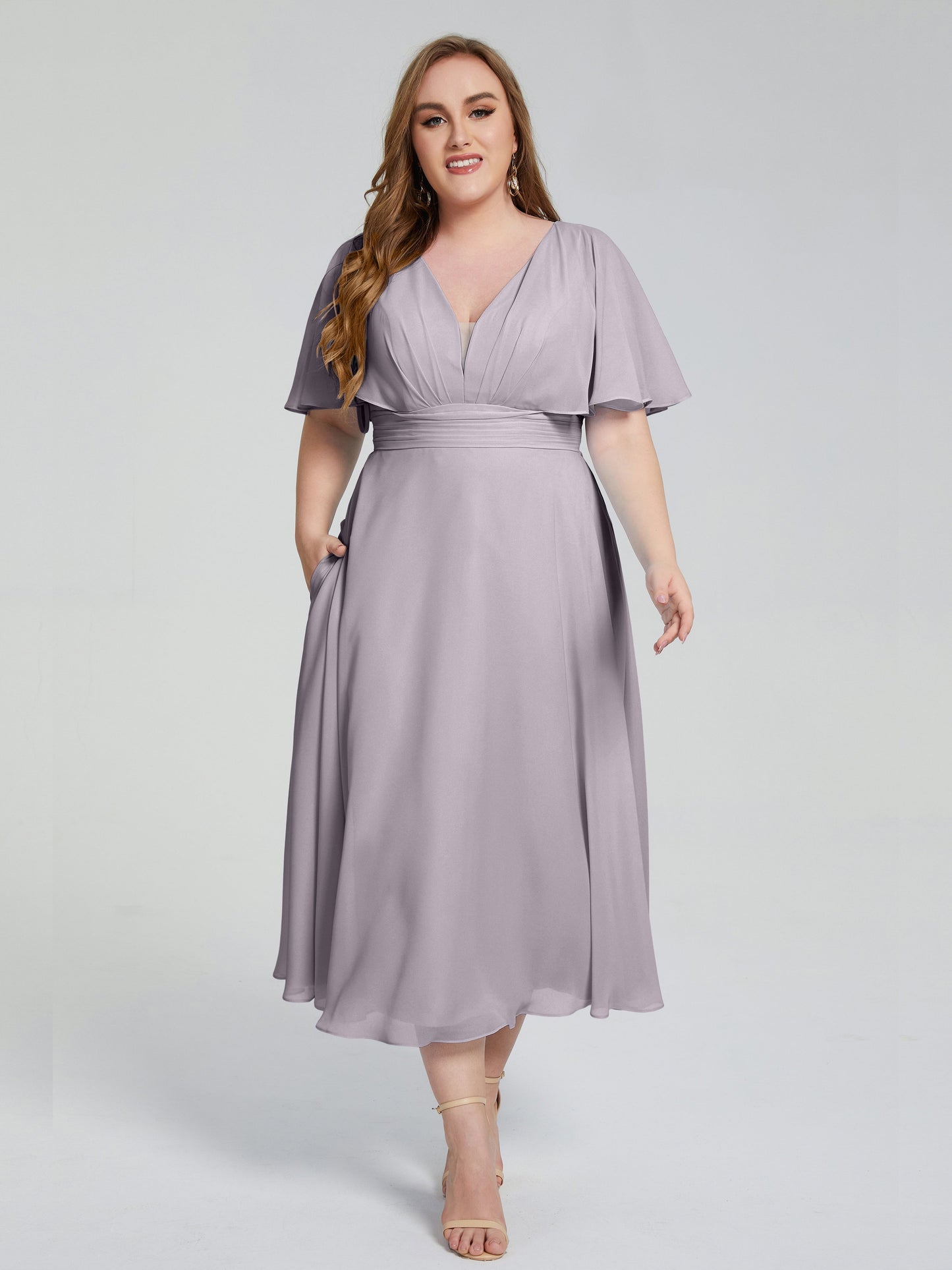 Lucia V-neck Plus Size Bridesmaid Dresses with Sleeves