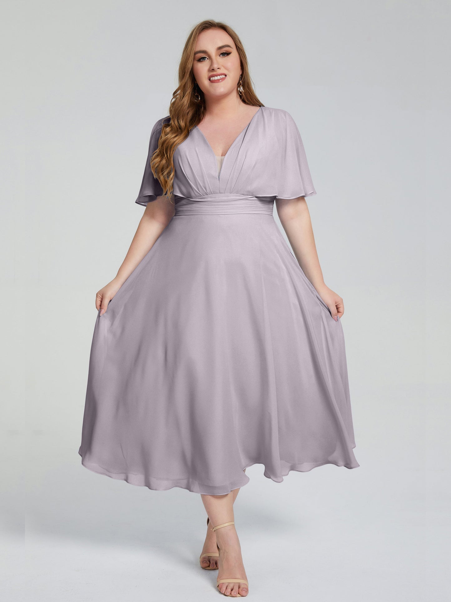 Lucia V-neck Plus Size Bridesmaid Dresses with Sleeves