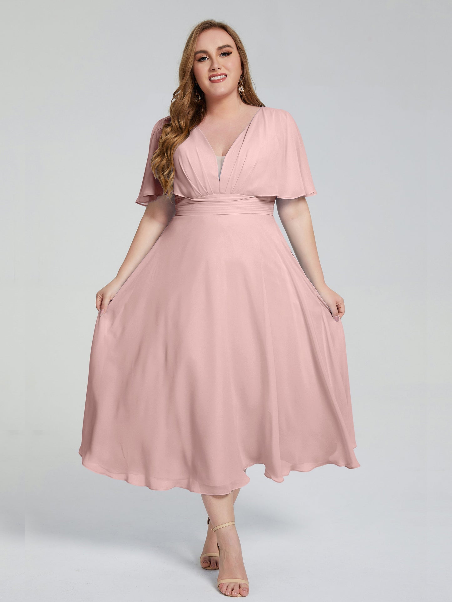 Lucia V-neck Plus Size Bridesmaid Dresses with Sleeves