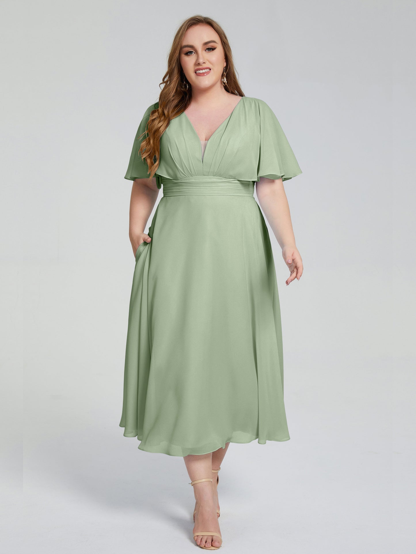 Lucia V-neck Plus Size Bridesmaid Dresses with Sleeves