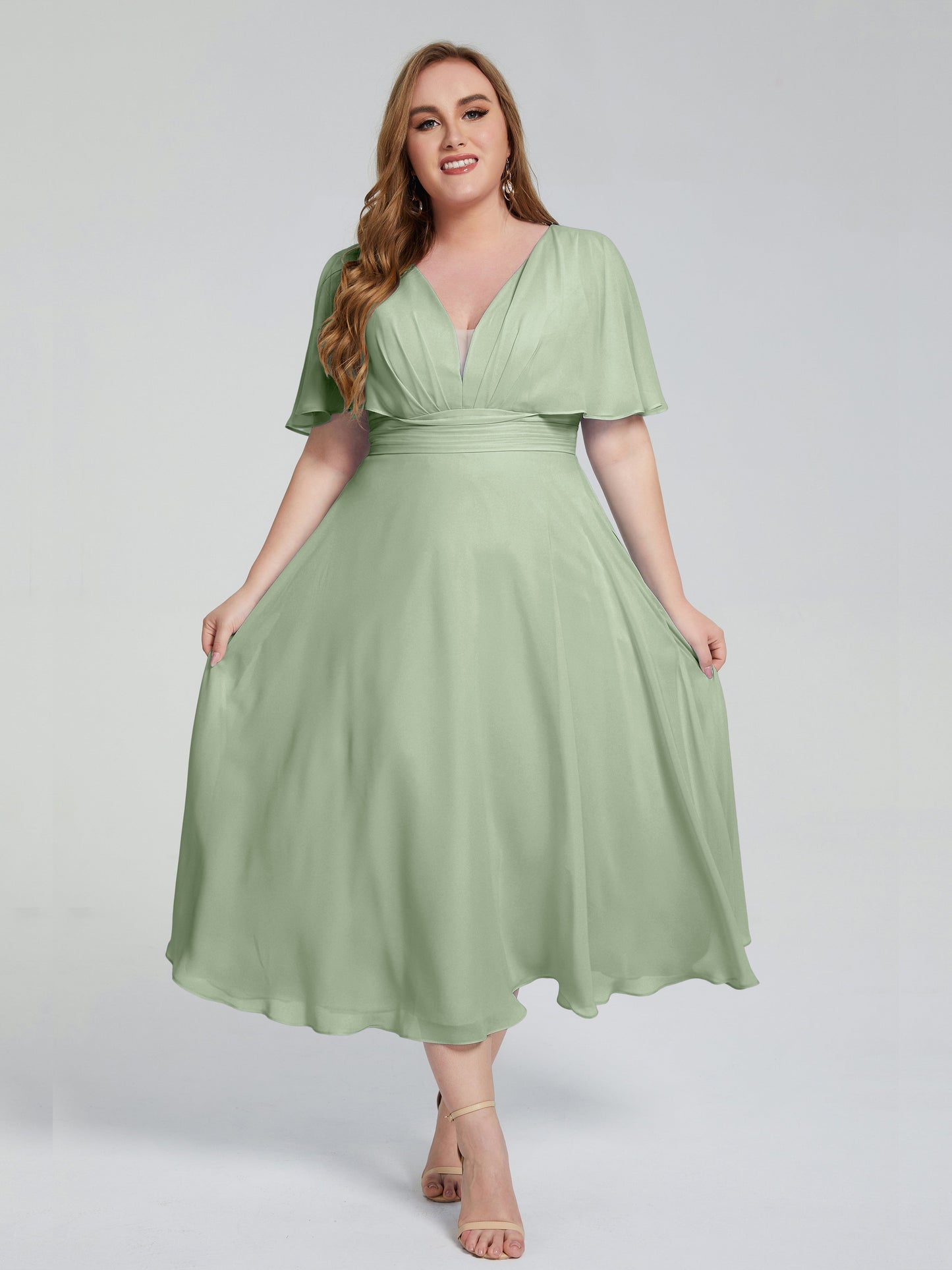 Lucia V-neck Plus Size Bridesmaid Dresses with Sleeves