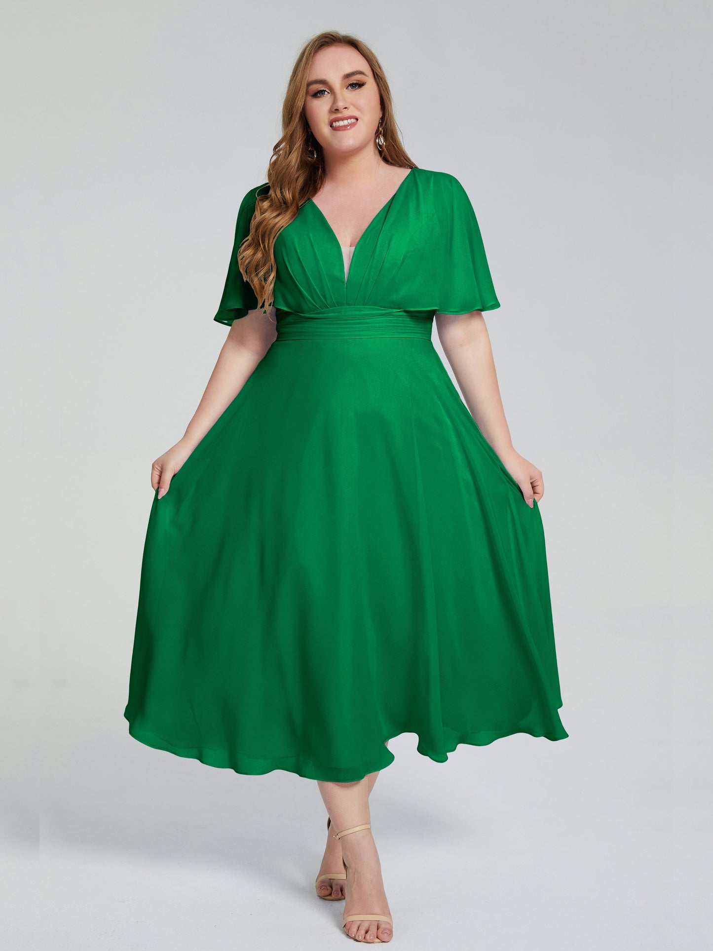 Lucia V-neck Plus Size Bridesmaid Dresses with Sleeves