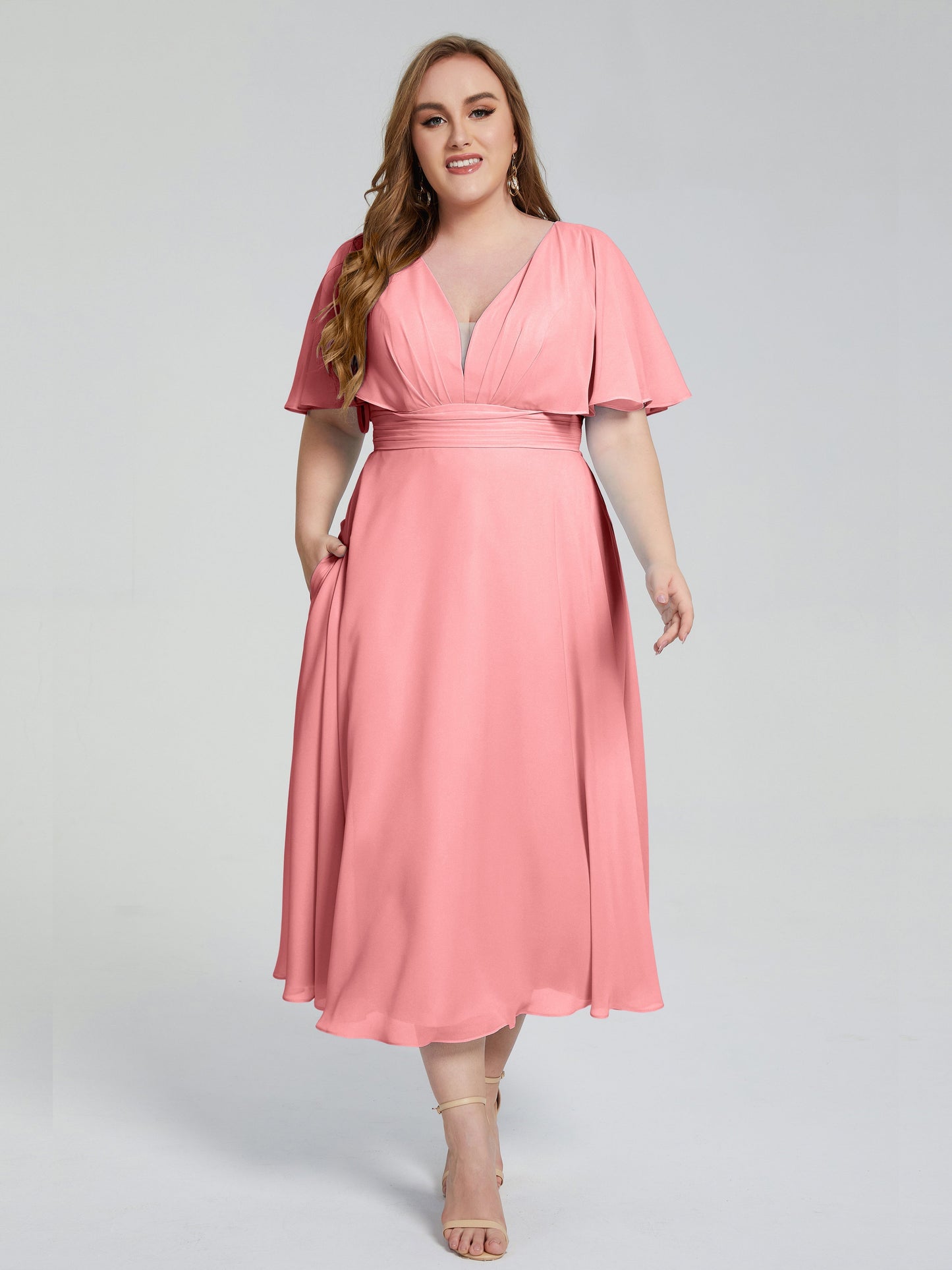 Lucia V-neck Plus Size Bridesmaid Dresses with Sleeves