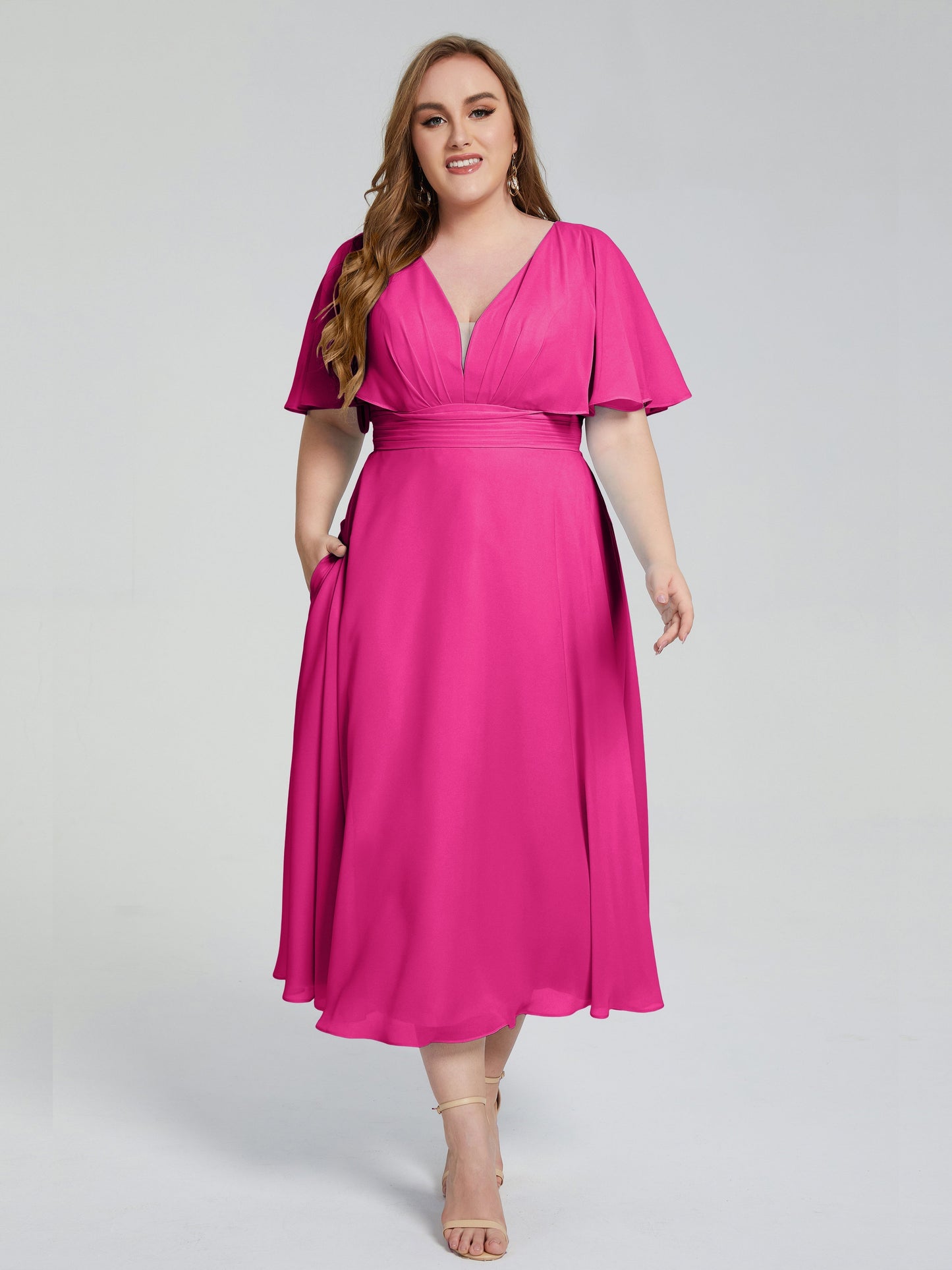 Lucia V-neck Plus Size Bridesmaid Dresses with Sleeves