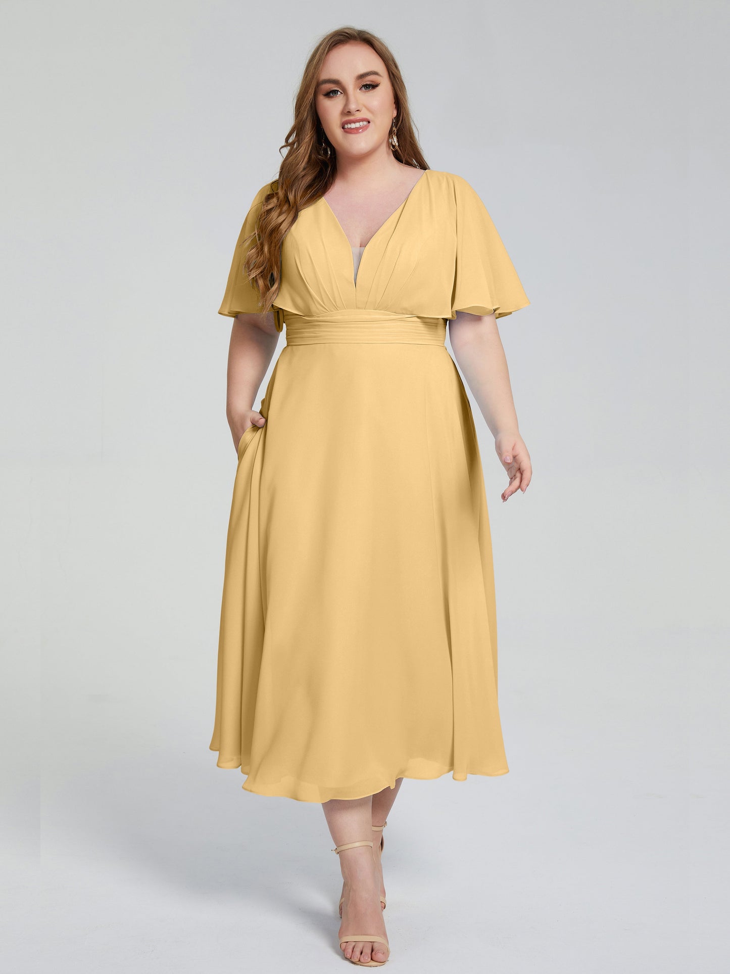 Lucia V-neck Plus Size Bridesmaid Dresses with Sleeves