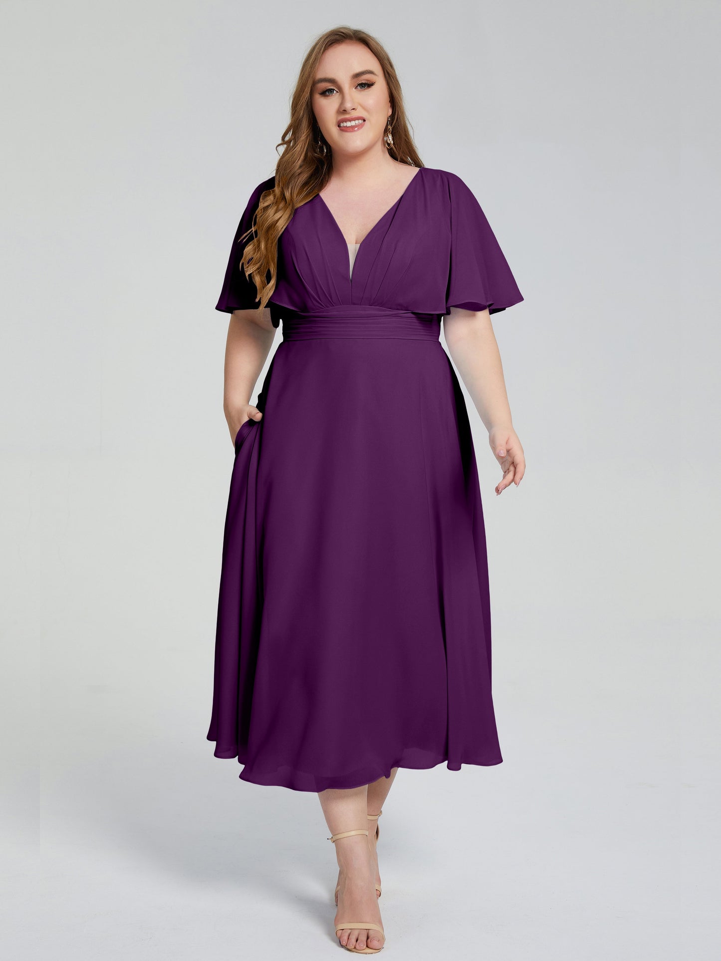 Lucia V-neck Plus Size Bridesmaid Dresses with Sleeves