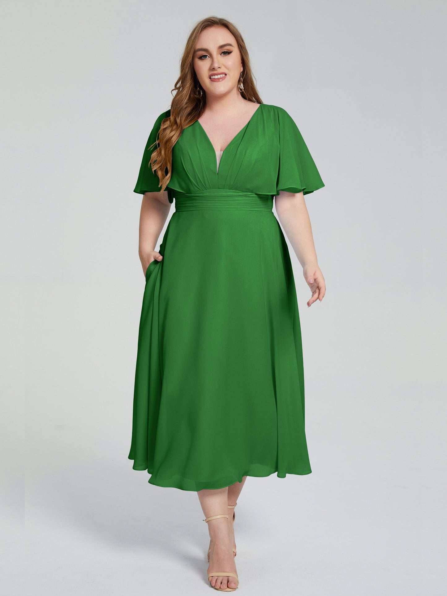 Lucia V-neck Plus Size Bridesmaid Dresses with Sleeves