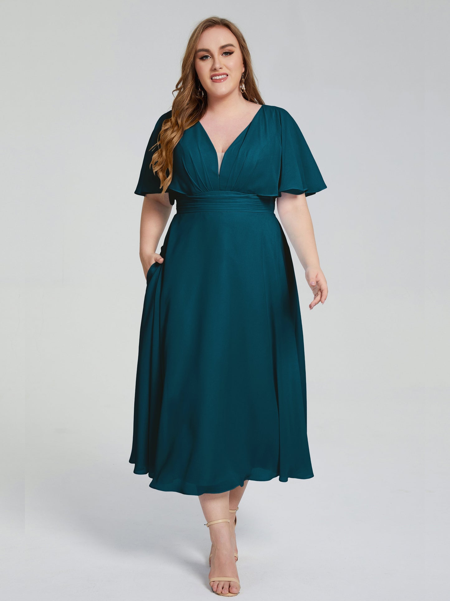 Lucia V-neck Plus Size Bridesmaid Dresses with Sleeves