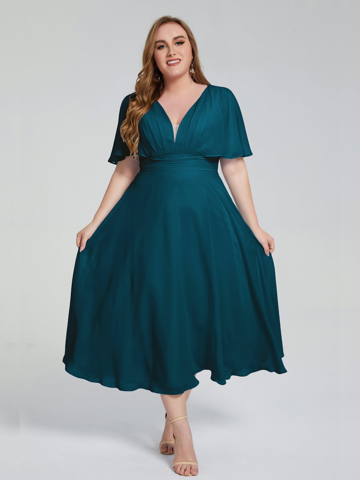 Lucia V-neck Plus Size Bridesmaid Dresses with Sleeves