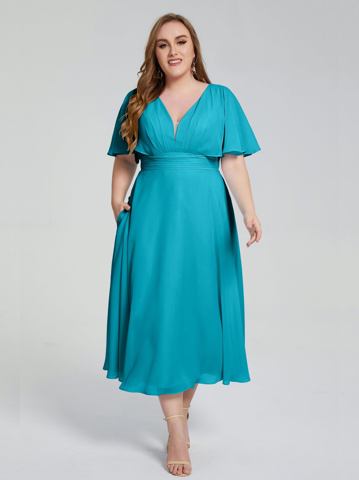 Lucia V-neck Plus Size Bridesmaid Dresses with Sleeves