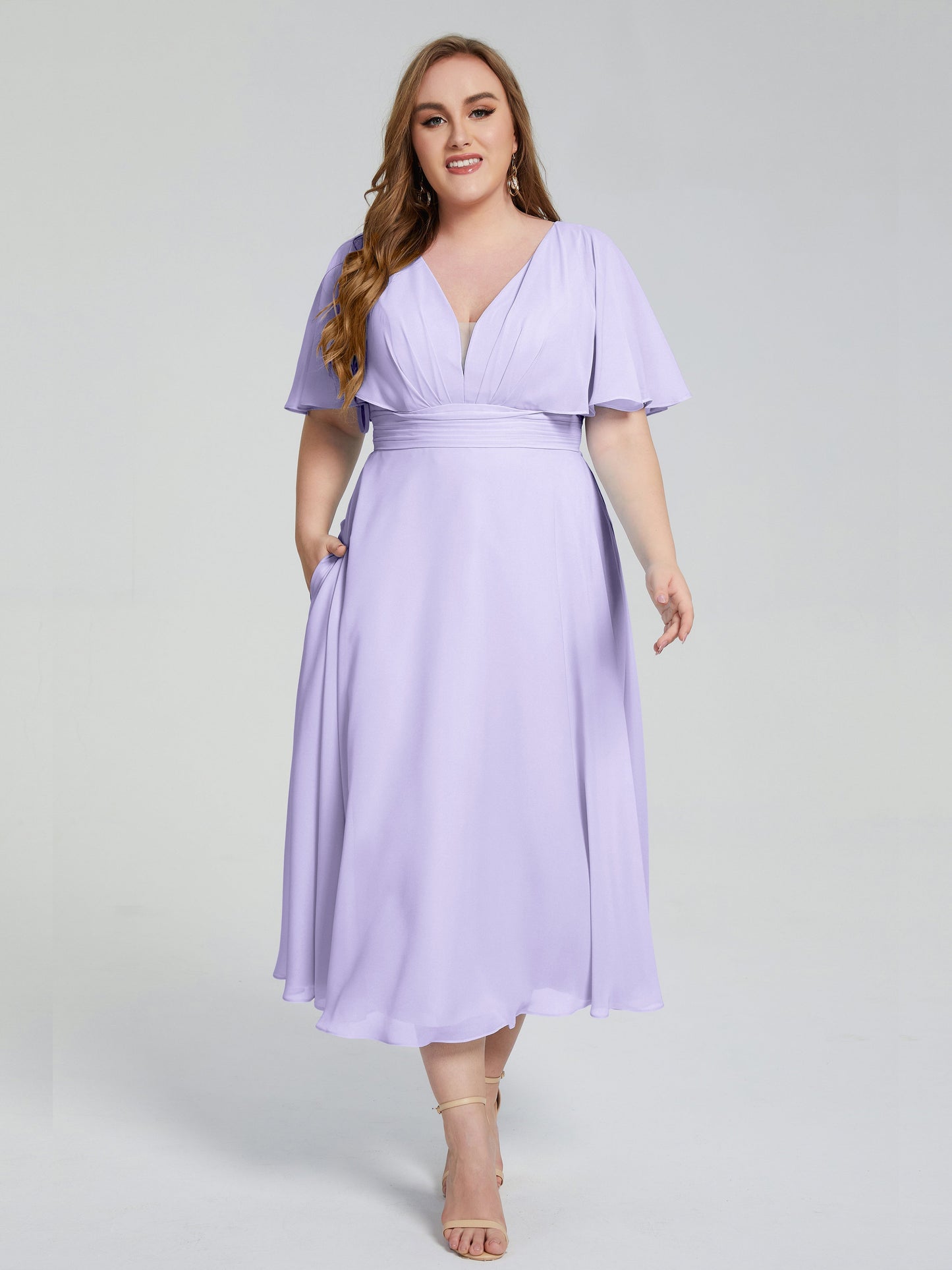 Lucia V-neck Plus Size Bridesmaid Dresses with Sleeves