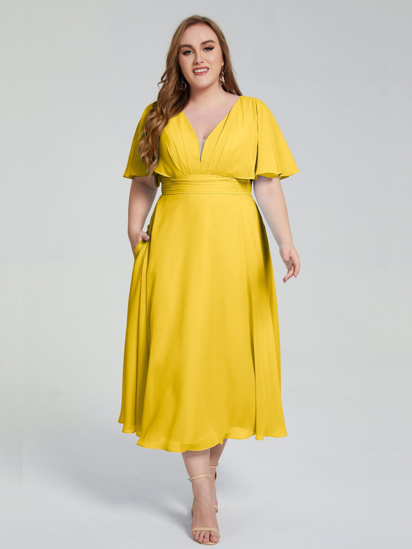Lucia V-neck Plus Size Bridesmaid Dresses with Sleeves