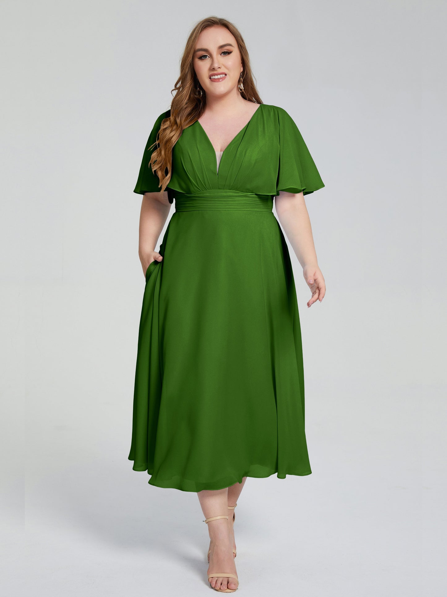 Lucia V-neck Plus Size Bridesmaid Dresses with Sleeves