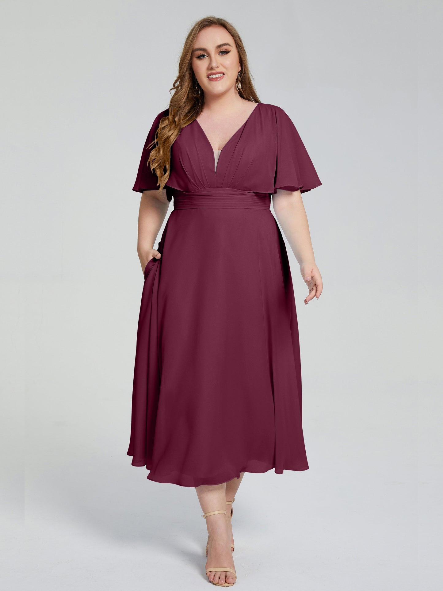 Lucia V-neck Plus Size Bridesmaid Dresses with Sleeves