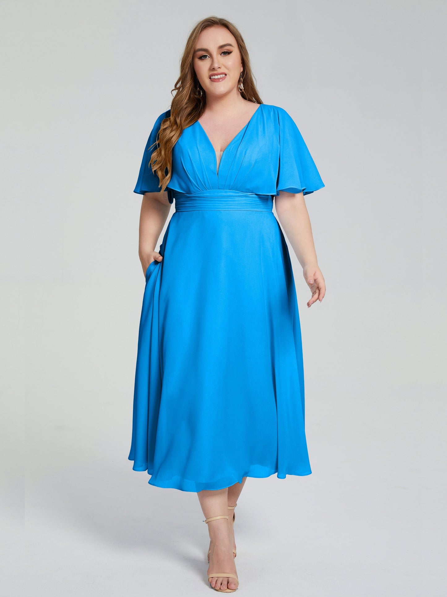 Lucia V-neck Plus Size Bridesmaid Dresses with Sleeves