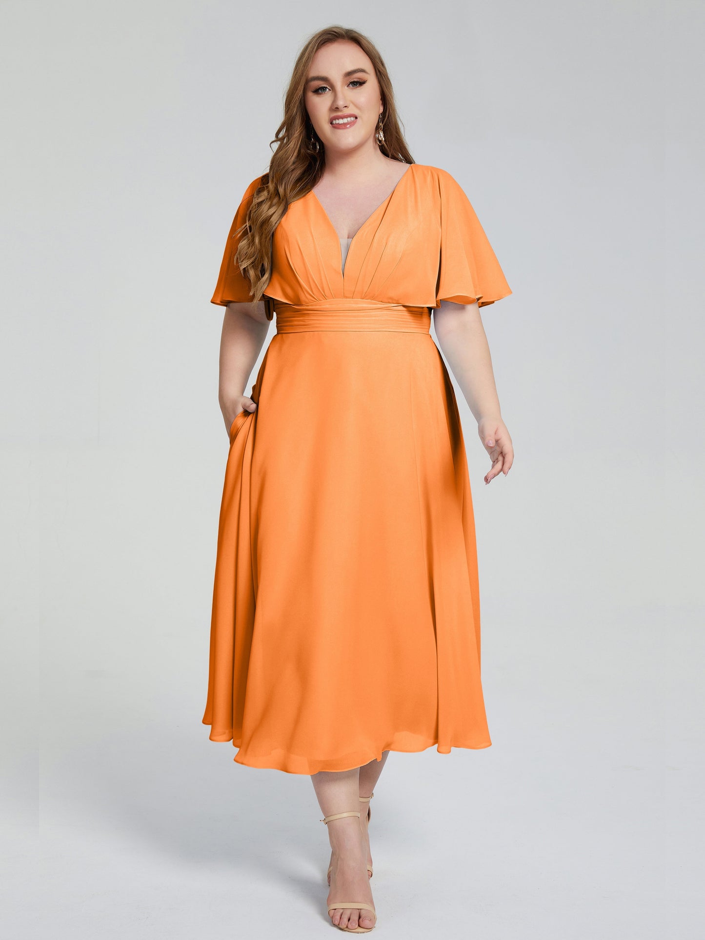 Lucia V-neck Plus Size Bridesmaid Dresses with Sleeves