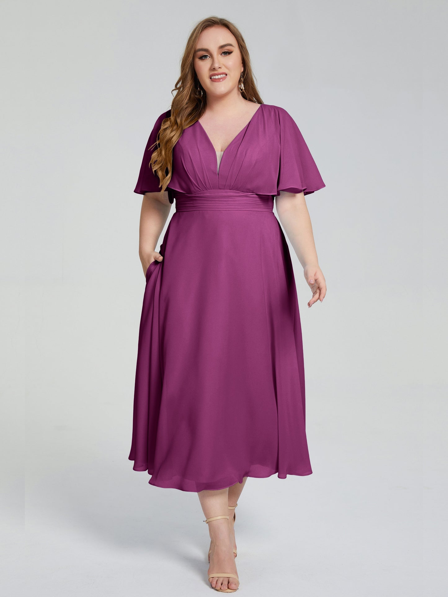 Lucia V-neck Plus Size Bridesmaid Dresses with Sleeves