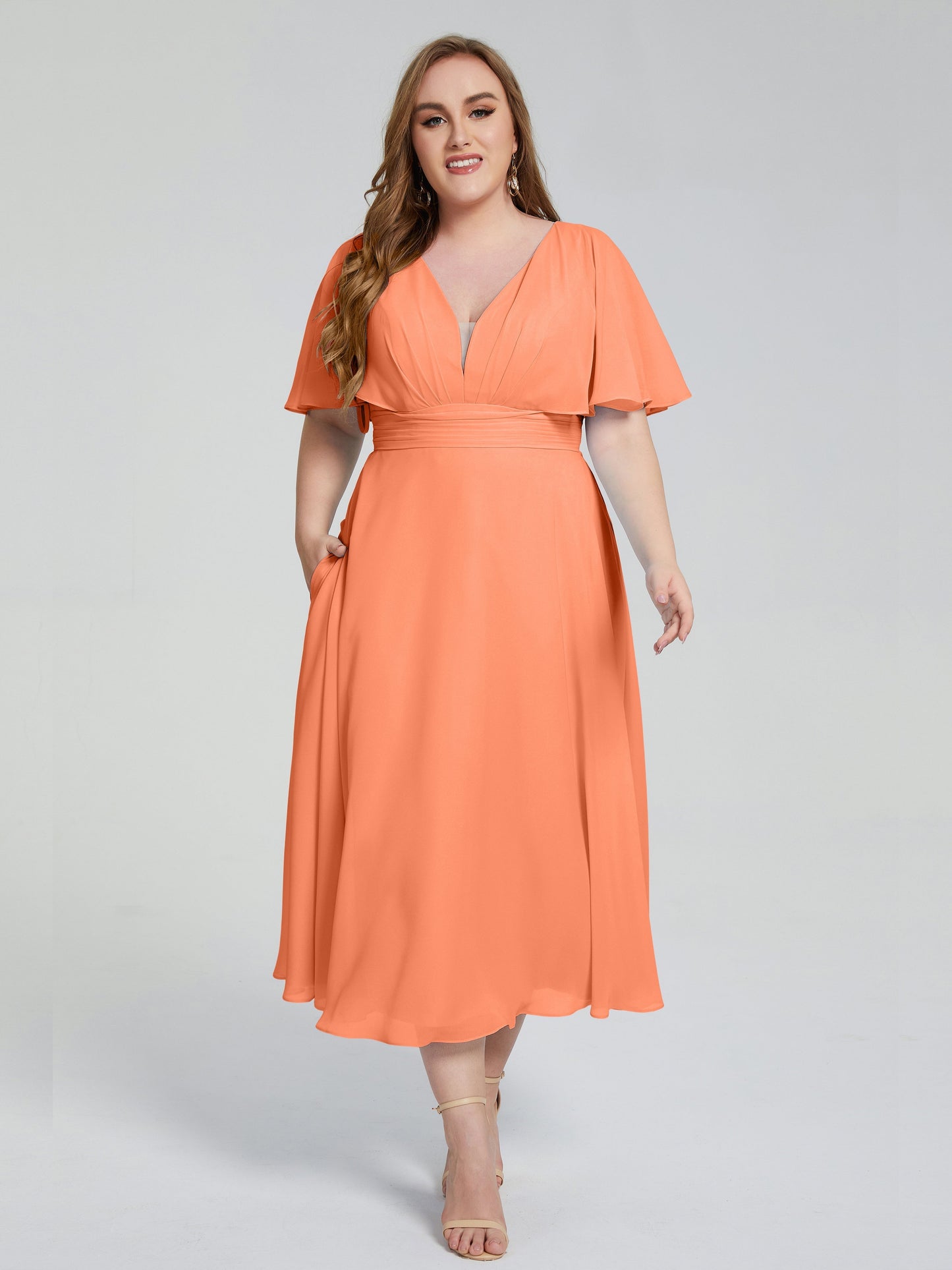 Lucia V-neck Plus Size Bridesmaid Dresses with Sleeves
