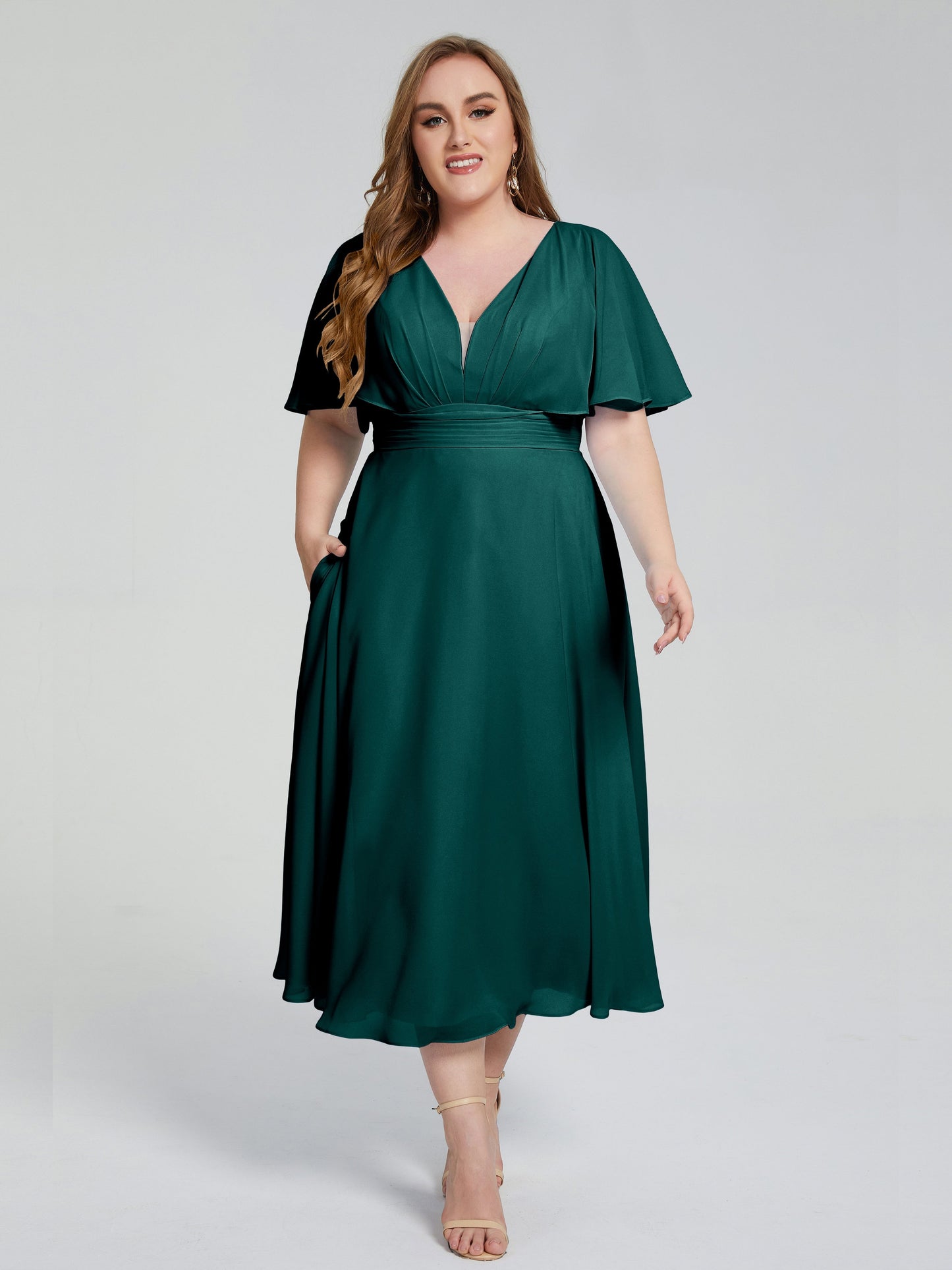 Lucia V-neck Plus Size Bridesmaid Dresses with Sleeves