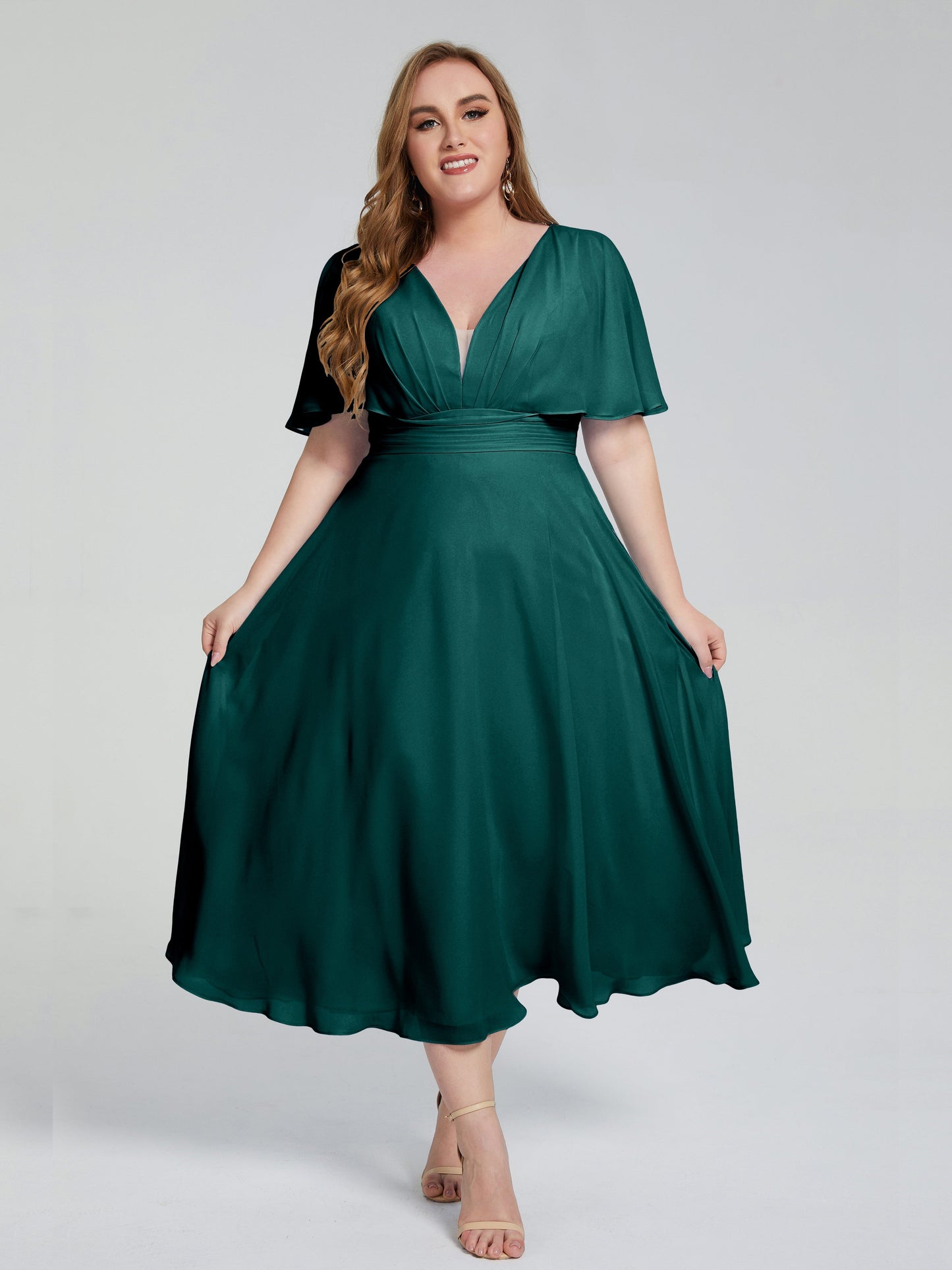 Lucia V-neck Plus Size Bridesmaid Dresses with Sleeves