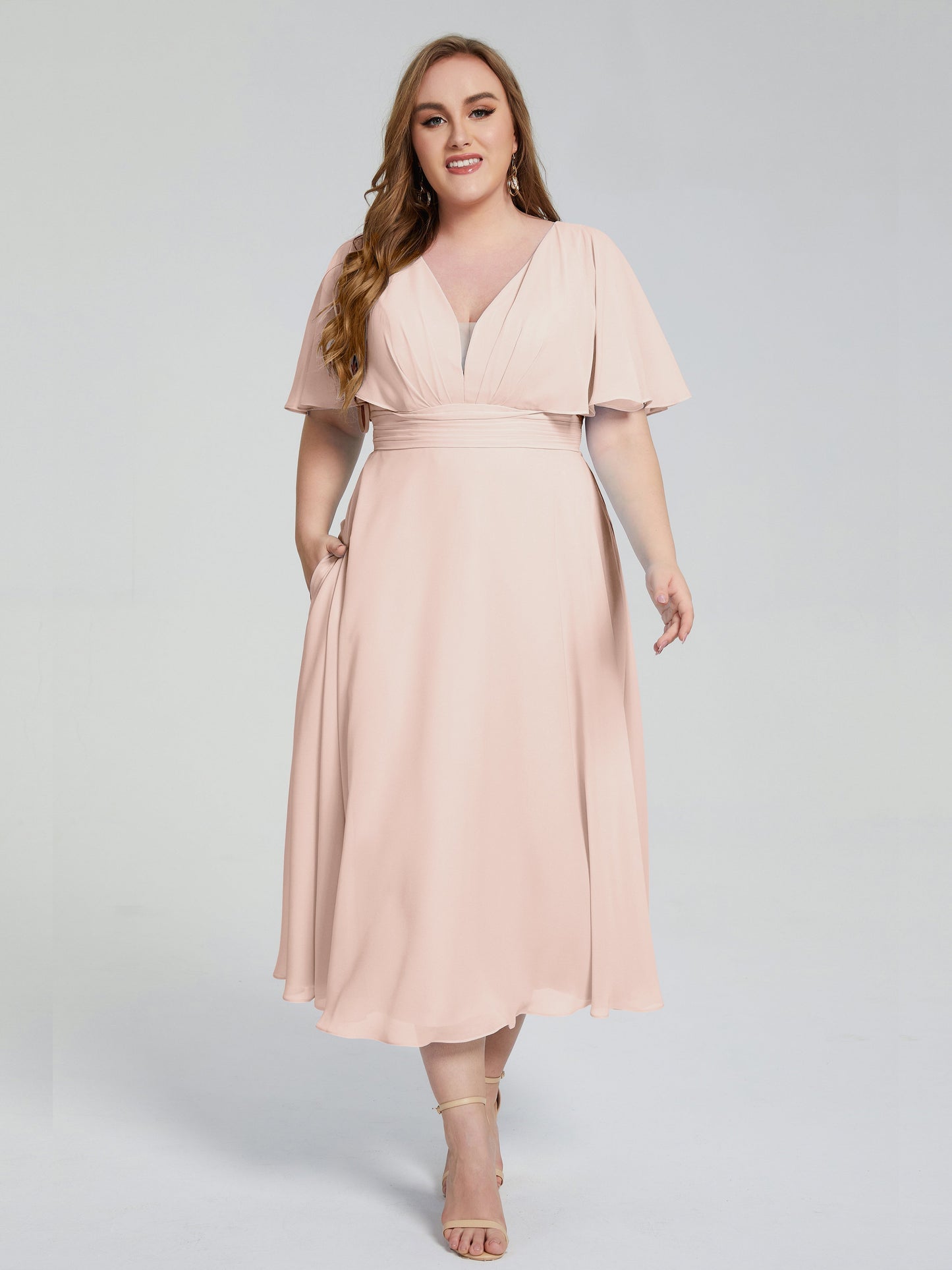 Lucia V-neck Plus Size Bridesmaid Dresses with Sleeves