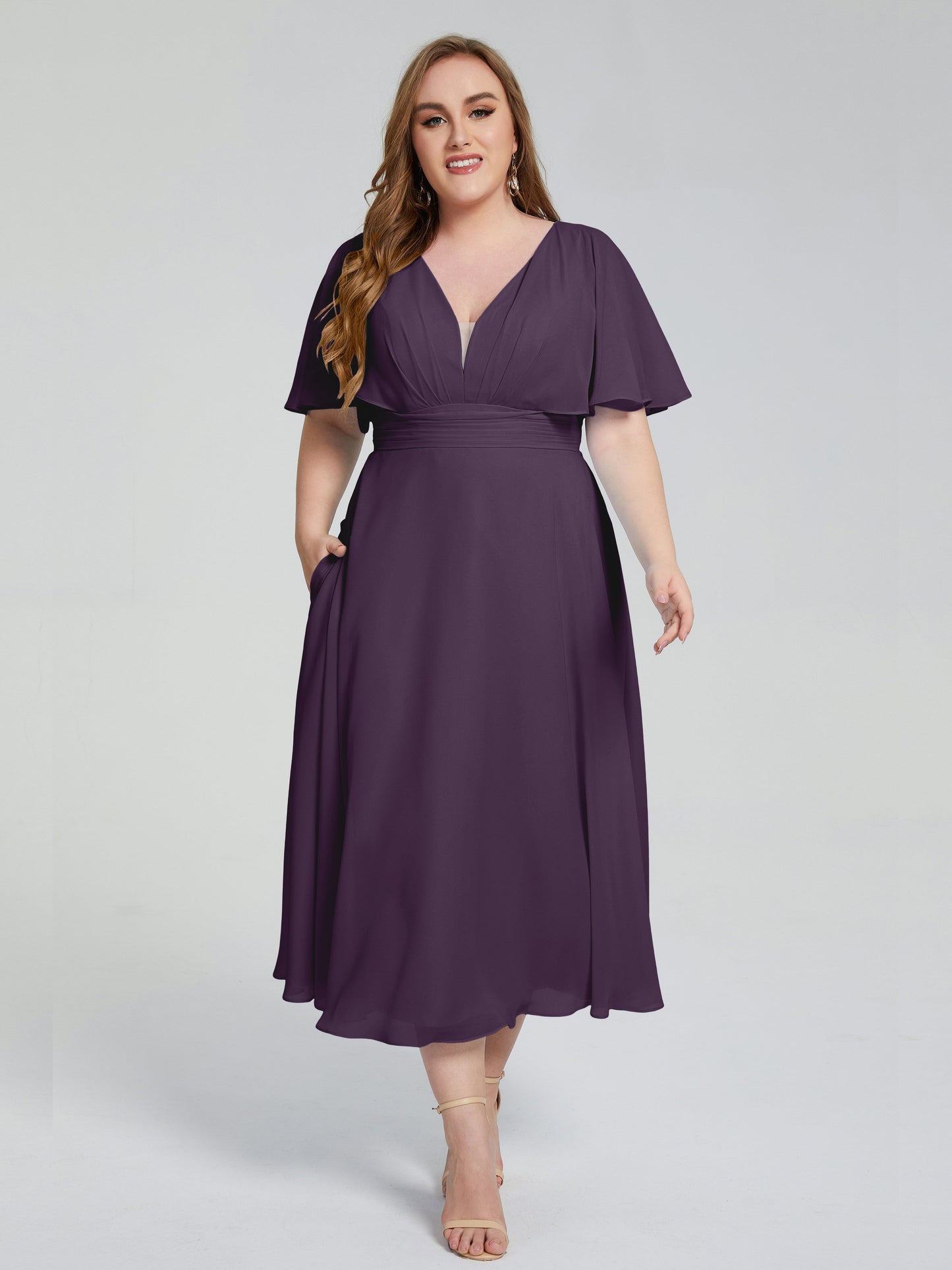 Lucia V-neck Plus Size Bridesmaid Dresses with Sleeves