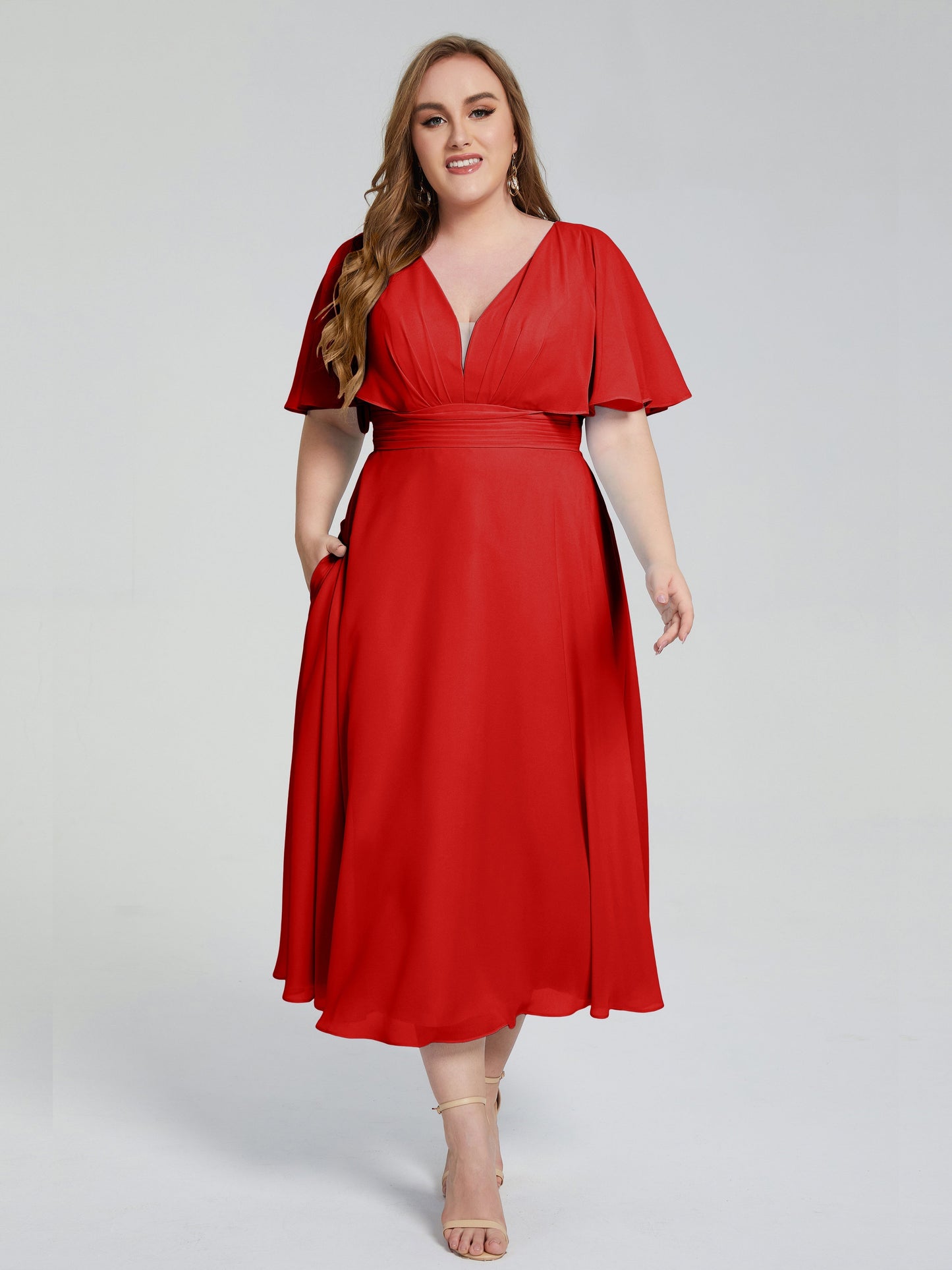 Lucia V-neck Plus Size Bridesmaid Dresses with Sleeves