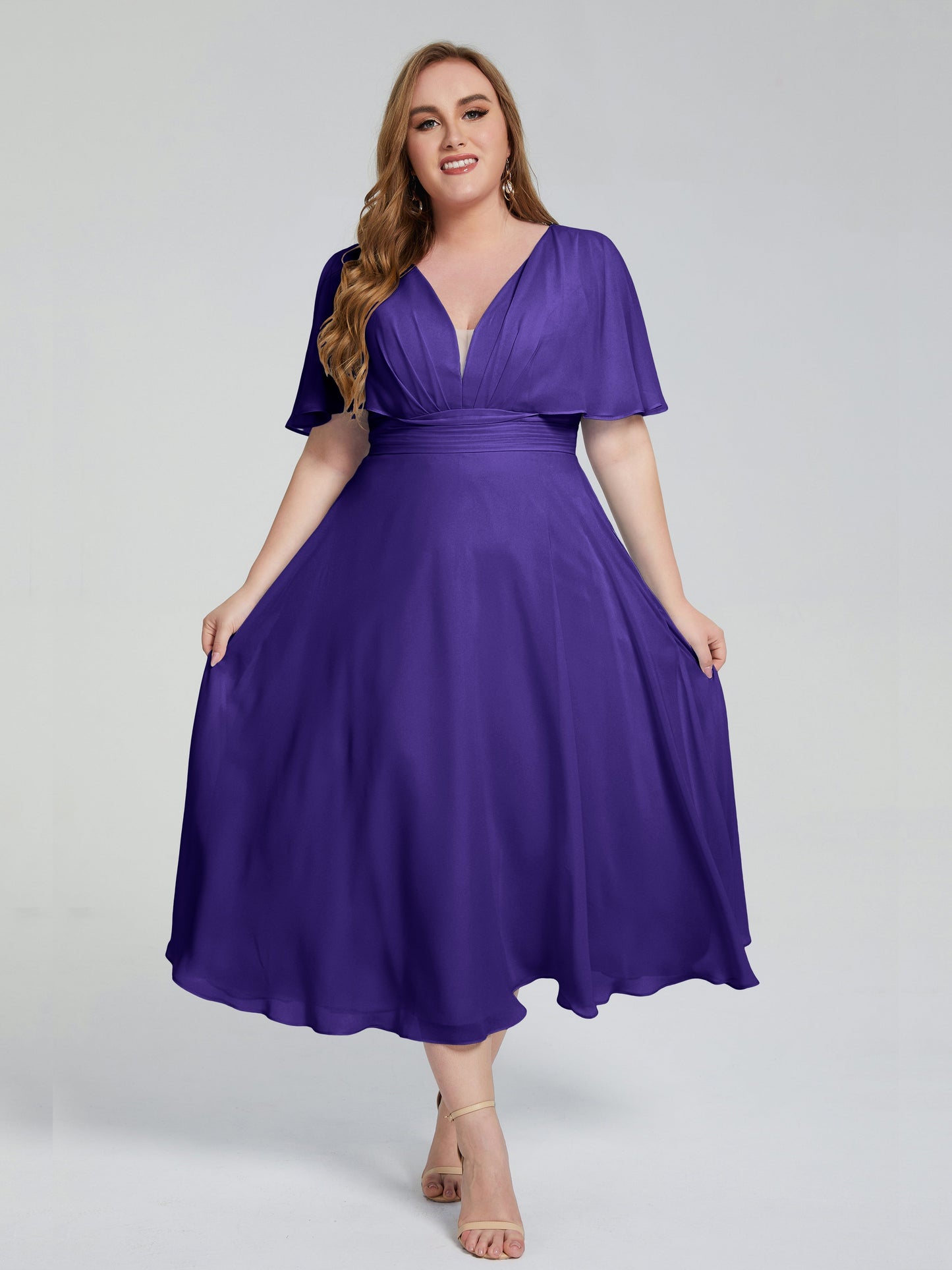 Lucia V-neck Plus Size Bridesmaid Dresses with Sleeves