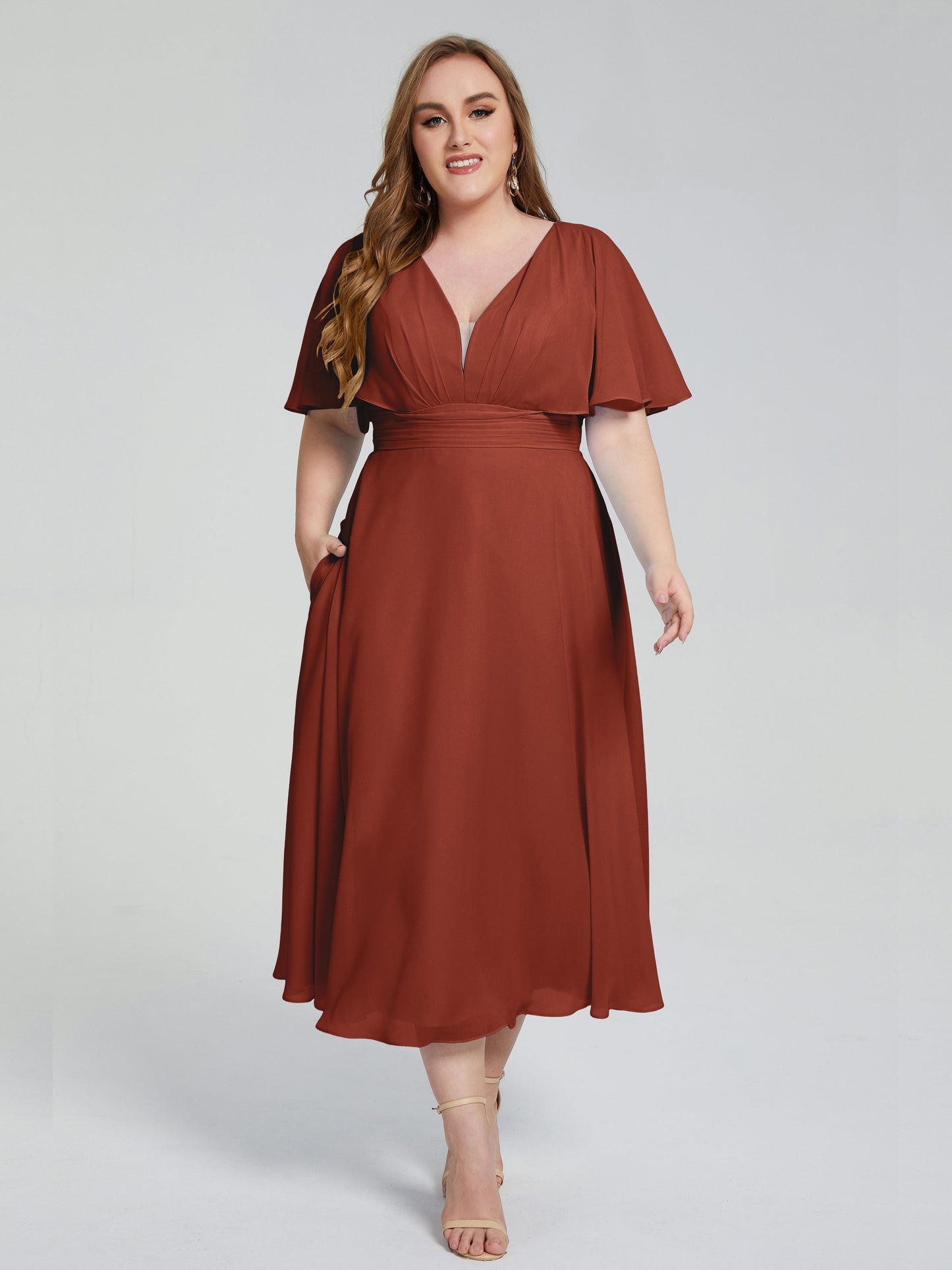 Lucia V-neck Plus Size Bridesmaid Dresses with Sleeves