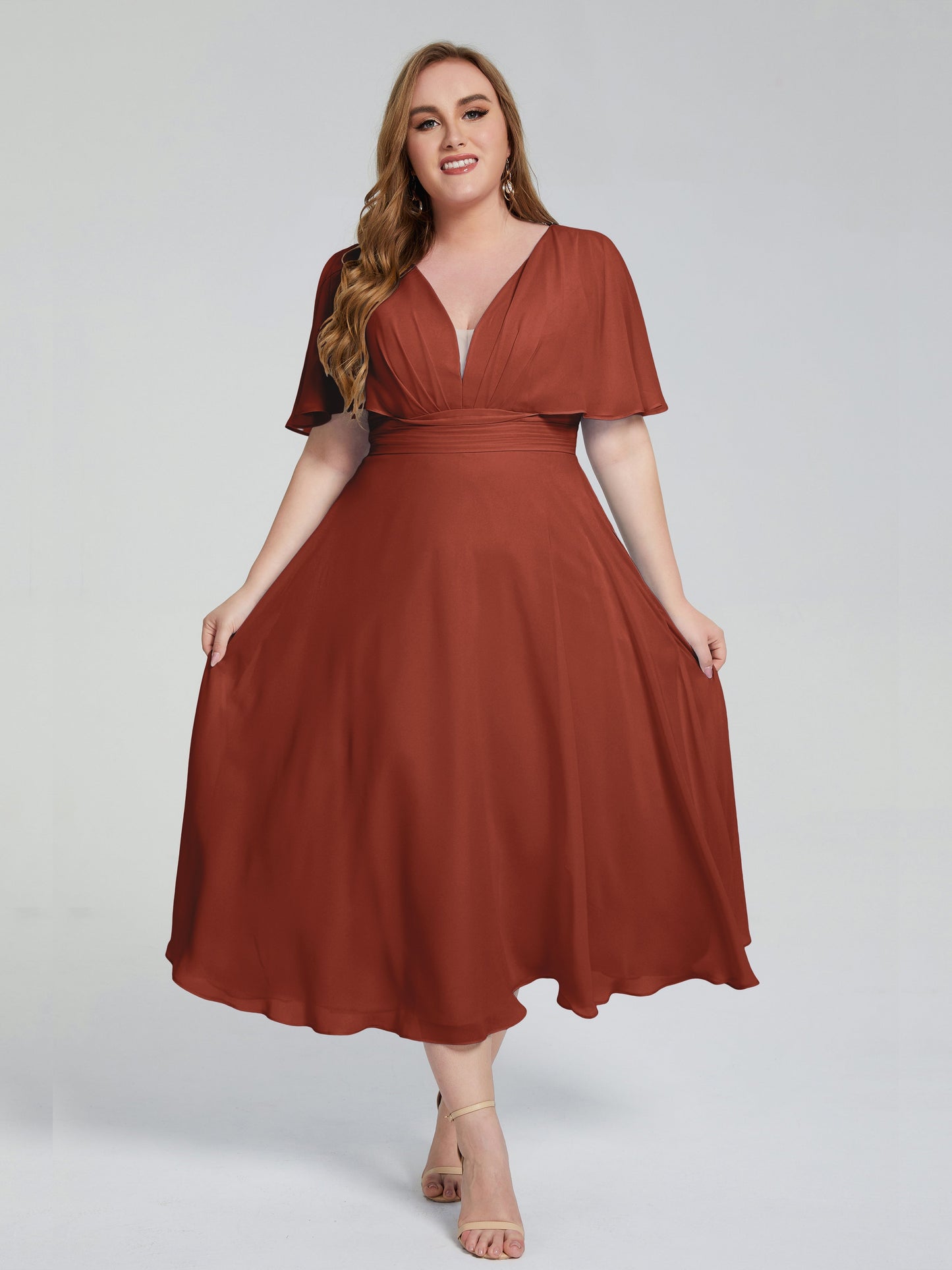 Lucia V-neck Plus Size Bridesmaid Dresses with Sleeves