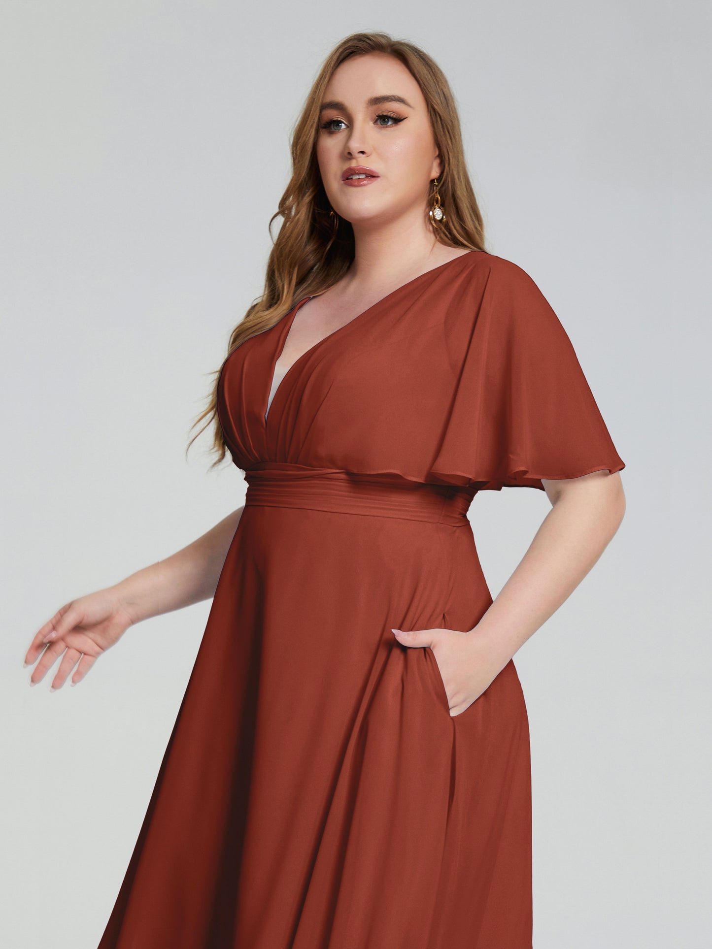 Lucia V-neck Plus Size Bridesmaid Dresses with Sleeves