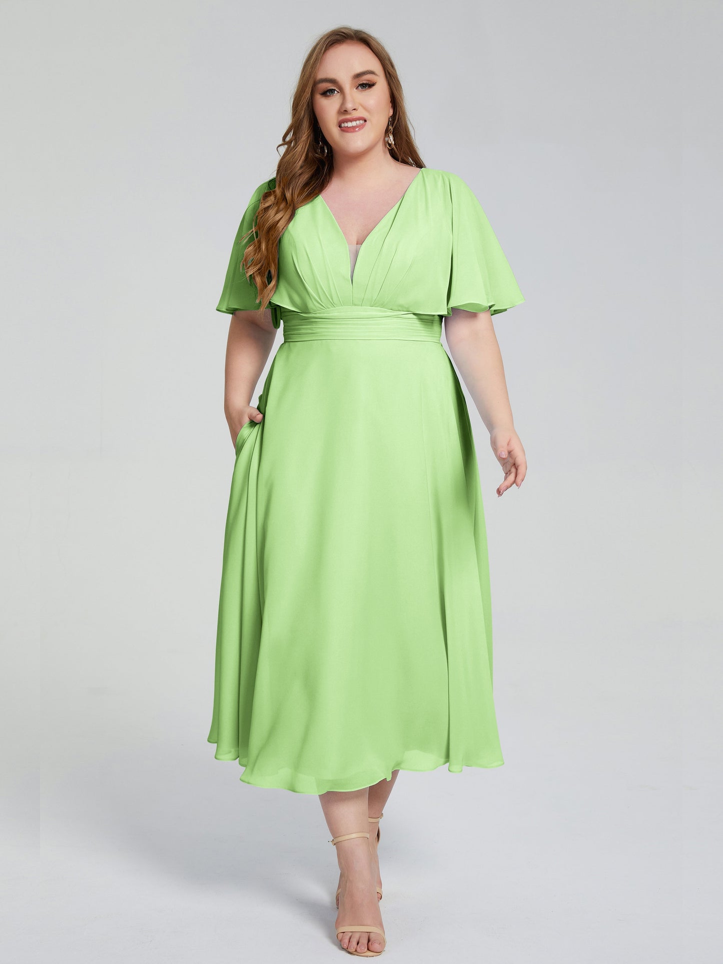 Lucia V-neck Plus Size Bridesmaid Dresses with Sleeves