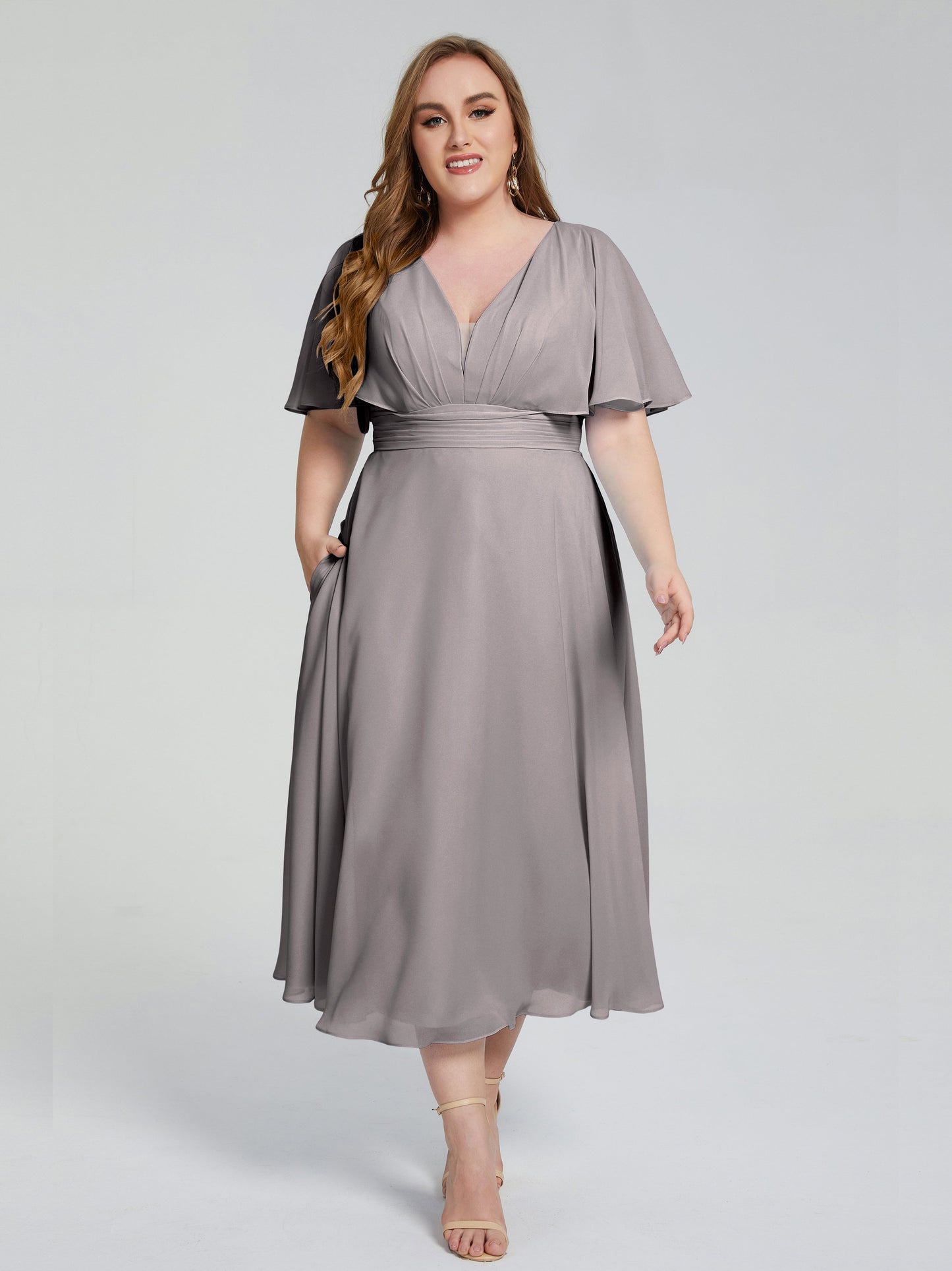 Lucia V-neck Plus Size Bridesmaid Dresses with Sleeves