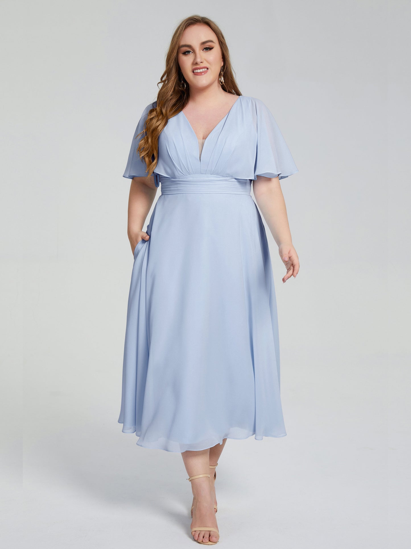 Lucia V-neck Plus Size Bridesmaid Dresses with Sleeves